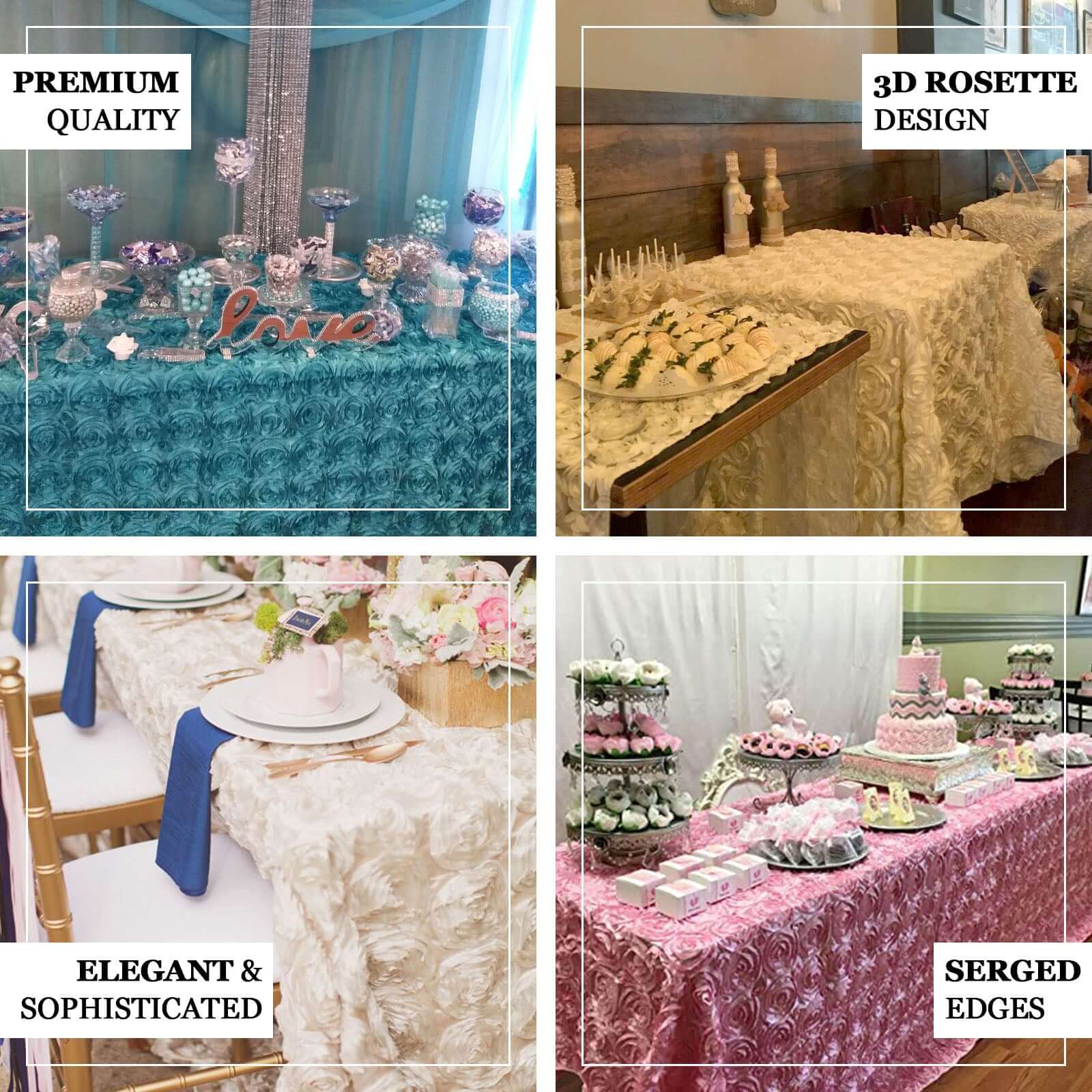 Satin Rectangle Tablecloth 90"x156" Ivory with Grandiose 3D Rosette Design - Seamless Table Cover - Image 4