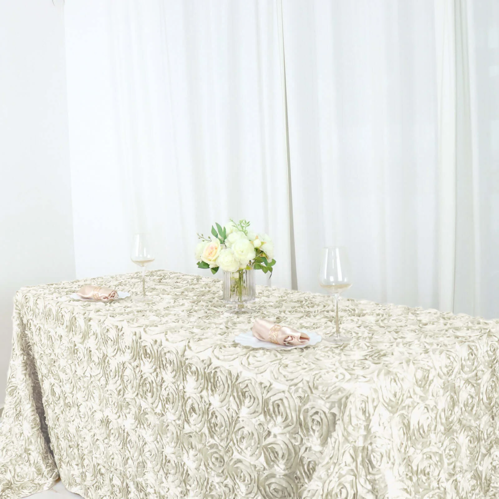 Satin Rectangle Tablecloth 90"x156" Ivory with Grandiose 3D Rosette Design - Seamless Table Cover - Image 7