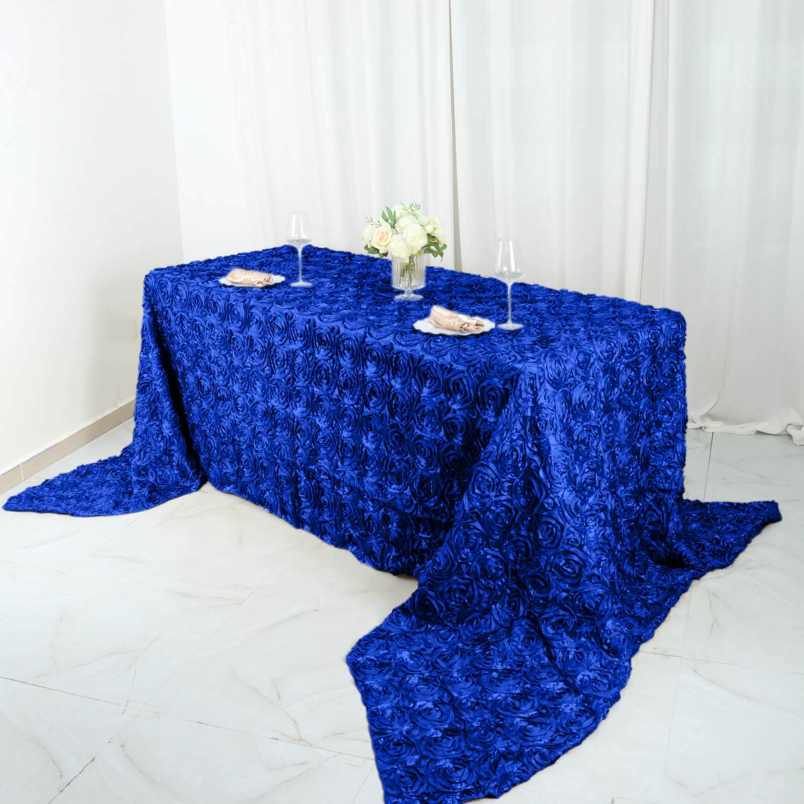 Satin Rectangle Tablecloth 90"x156" Royal Blue with Grandiose 3D Rosette Design - Seamless Table Cover - Image 3