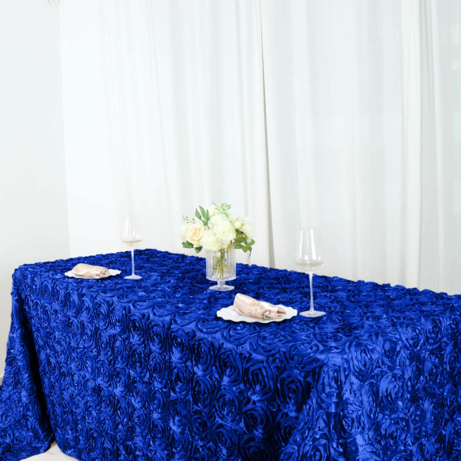 Satin Rectangle Tablecloth 90"x156" Royal Blue with Grandiose 3D Rosette Design - Seamless Table Cover - Image 7