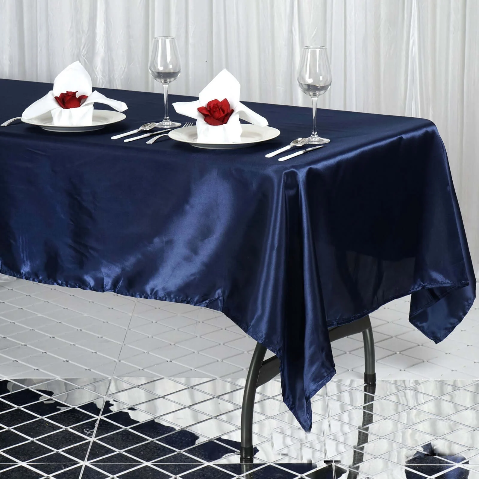 Satin Rectangular Tablecloth 60"x102" Navy Blue - Wrinkle-Resistant & Durable Table Cover - Image 2