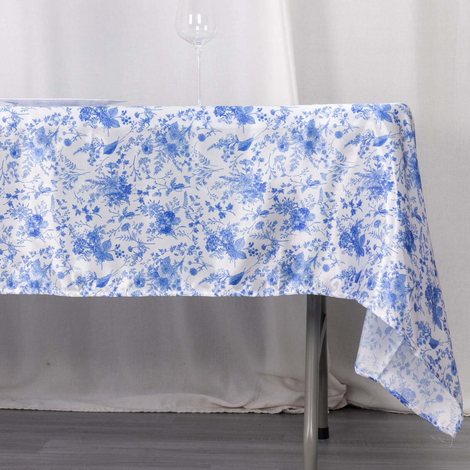 Satin Rectangular Tablecloth 60"x102" White/Blue French Toile Design - Reusable, Polished & Wrinkle-Resistant Table Cover - Image 2