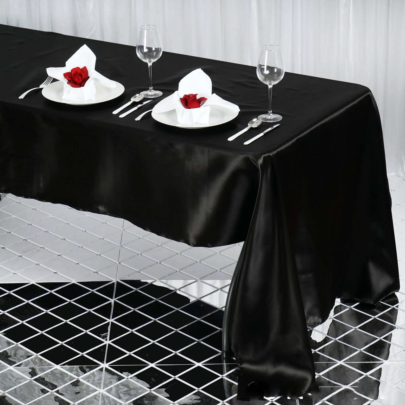 Satin Rectangular Tablecloth 60"x126" Black - Wrinkle-Resistant and Durable Table Cover for Chic Weddings & Events - Image 2