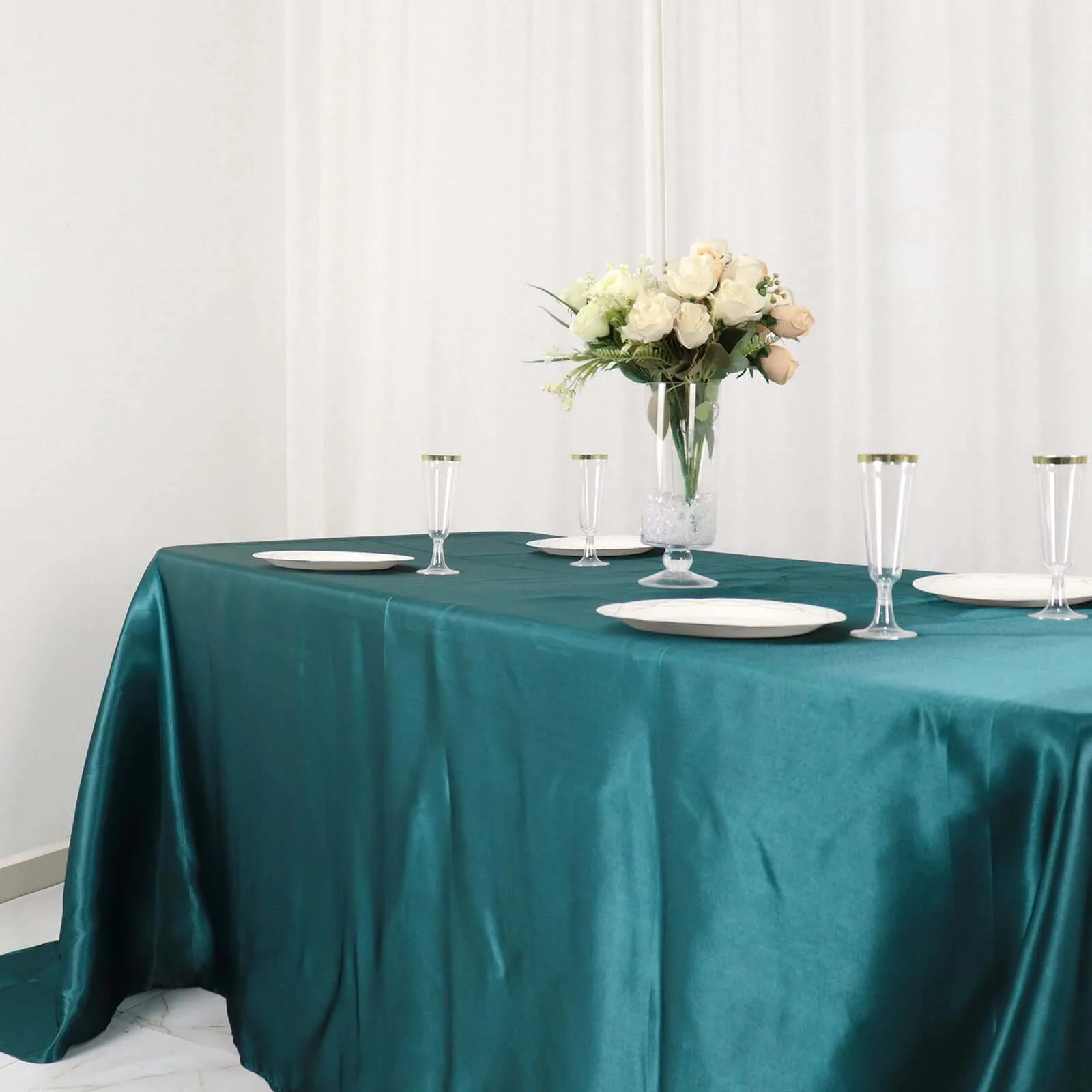 Satin Rectangular Tablecloth 90"x132" Peacock Teal - Seamless Table Cover - Image 2
