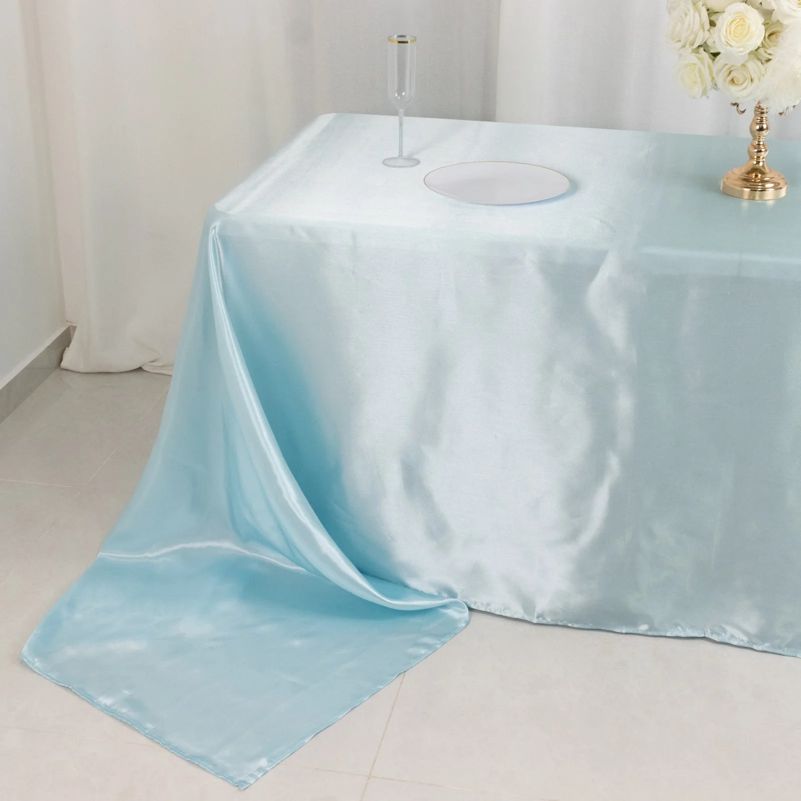 Satin Rectangular Tablecloth 90"x156" Light Blue - Seamless Table Cover - Image 5