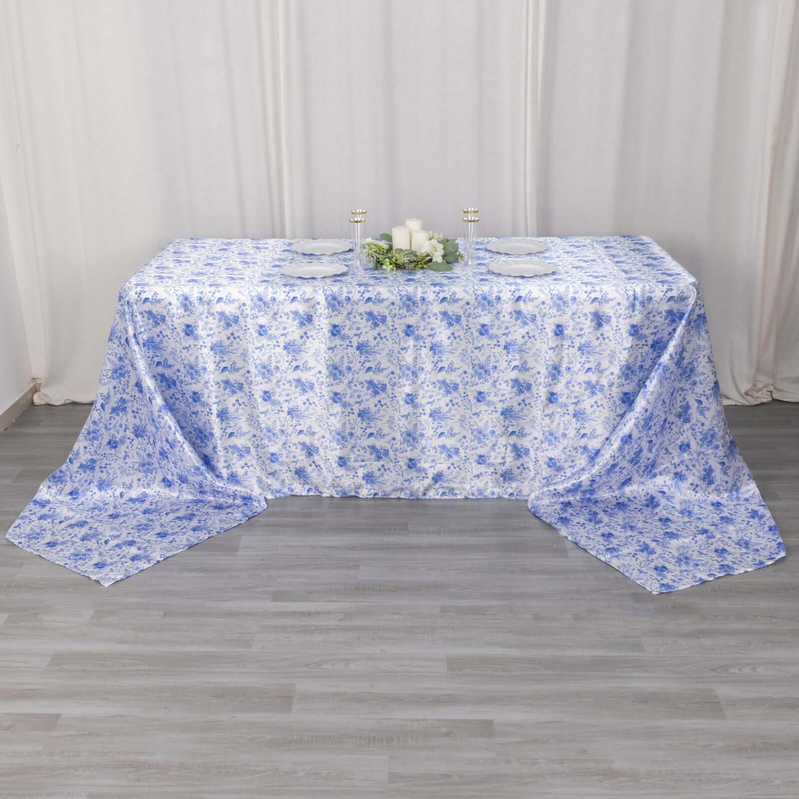 Satin Rectangular Tablecloth 90"x156" White/Blue French Toile Design - Seamless, Polished & Wrinkle-Resistant Table Cover - Image 4