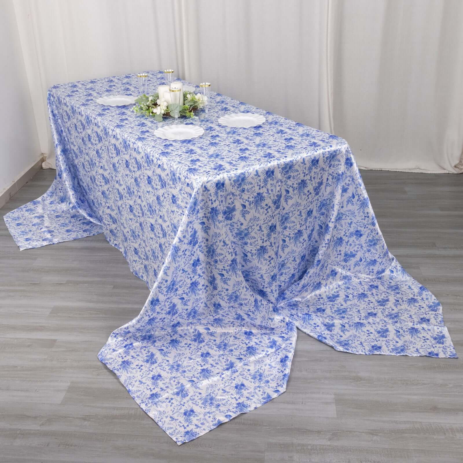 Satin Rectangular Tablecloth 90"x156" White/Blue French Toile Design - Seamless, Polished & Wrinkle-Resistant Table Cover - Image 5