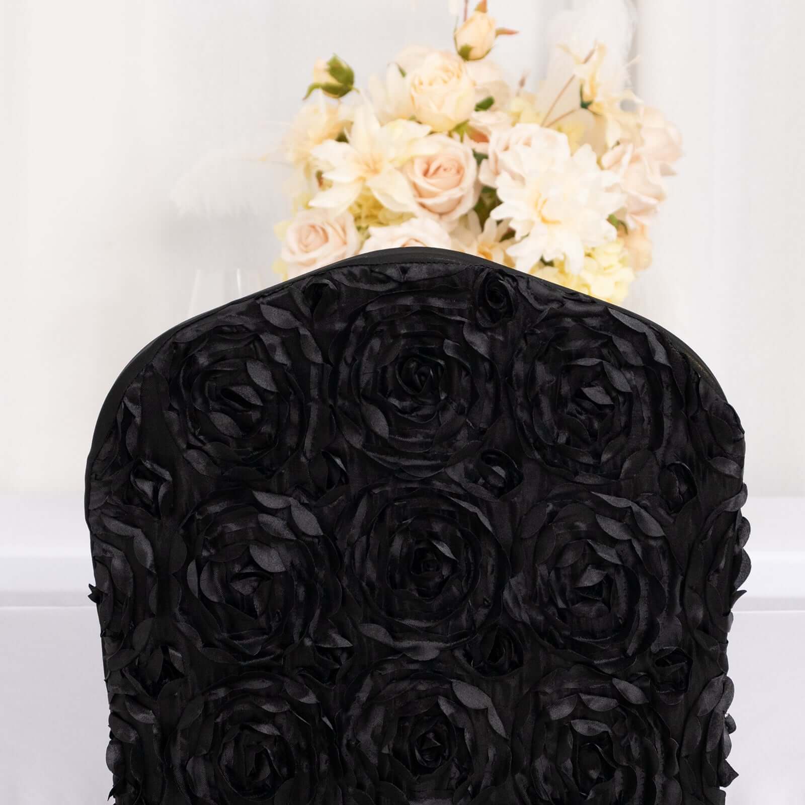 Satin Rosette Spandex Stretch Banquet Chair Cover Black - Fitted Slip-On Slipcover - Image 2