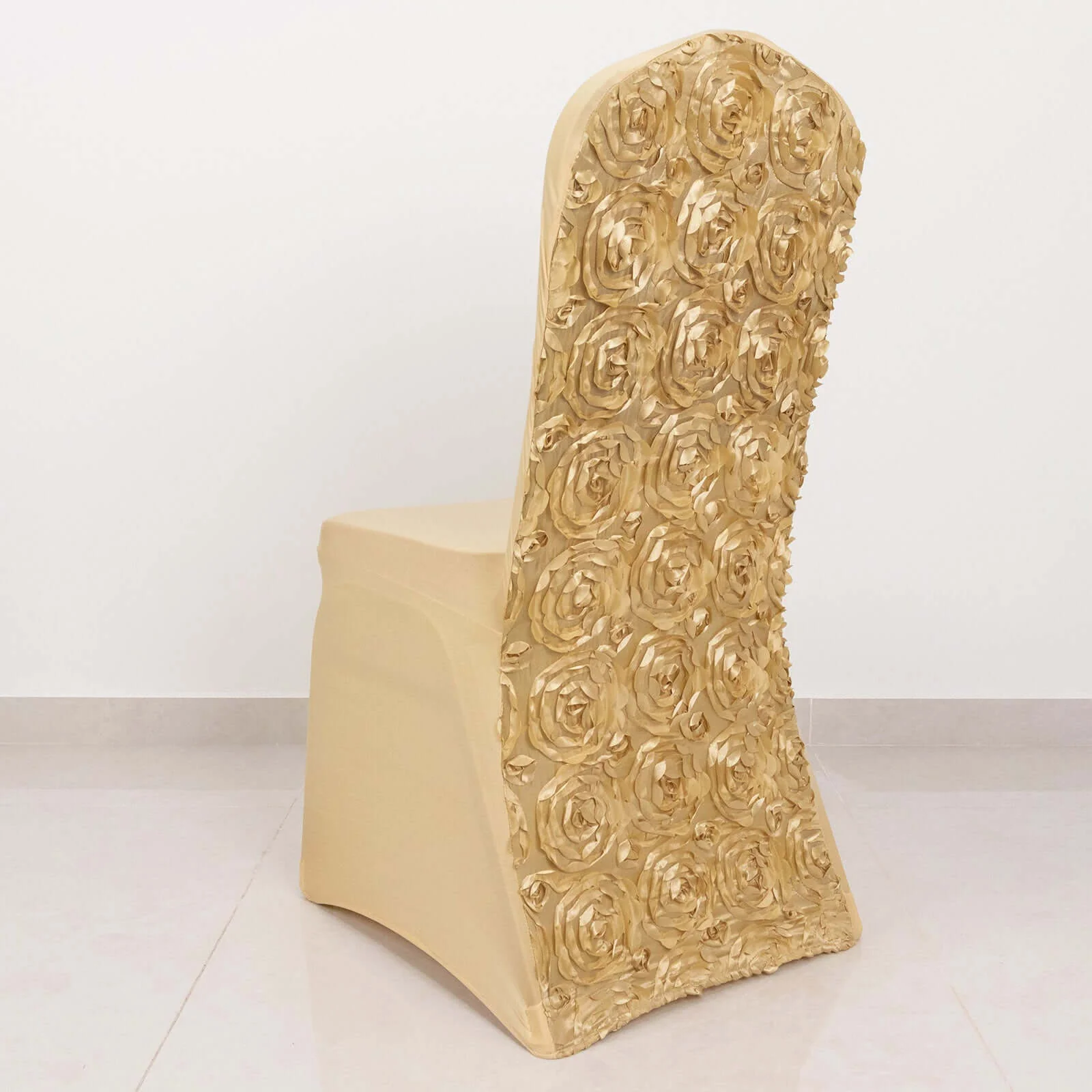 Satin Rosette Spandex Stretch Banquet Chair Cover Champagne - Fitted Slip-On Slipcover - Image 6