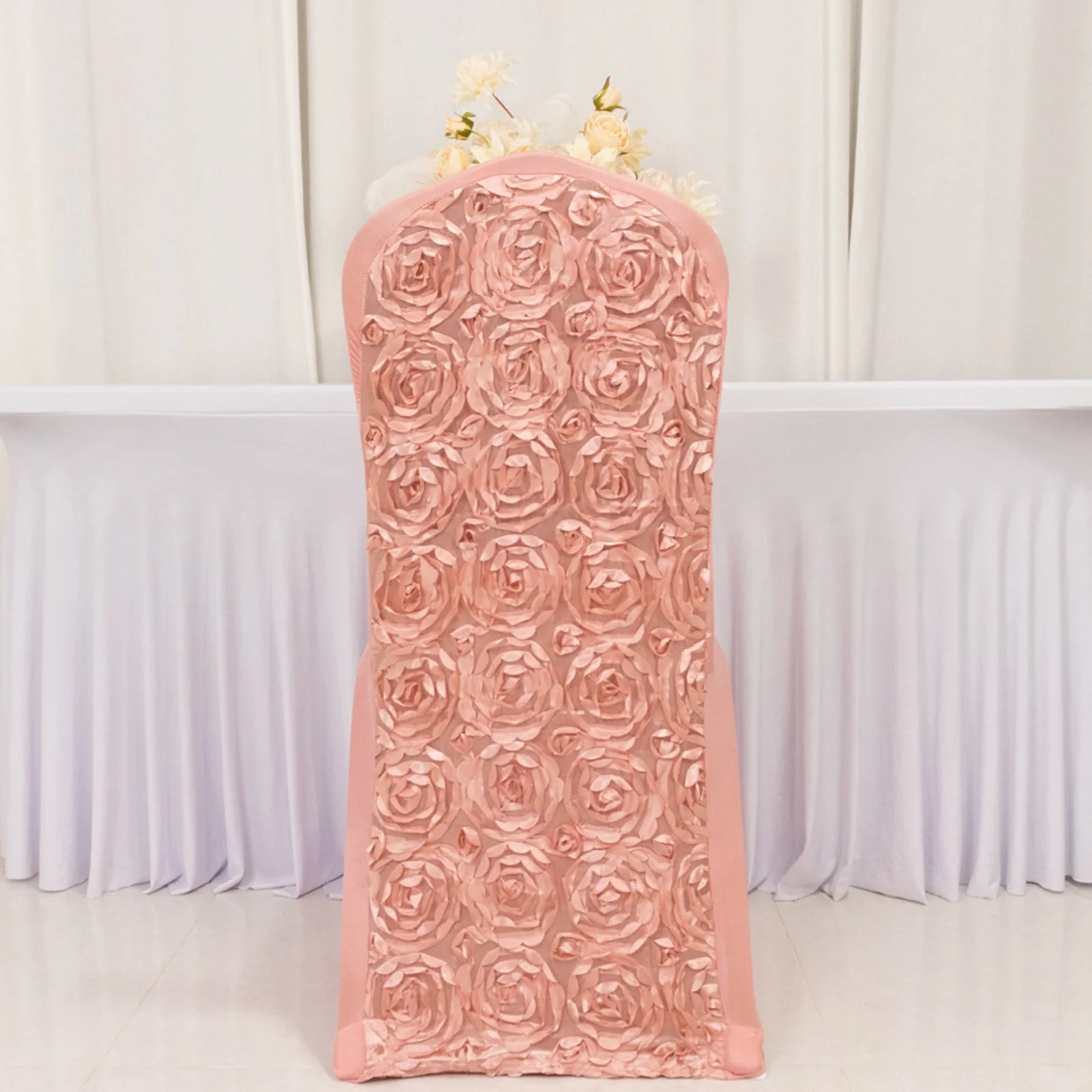 Satin Rosette Spandex Stretch Banquet Chair Cover Dusty Rose - Fitted Slip-On Slipcover - Image 2