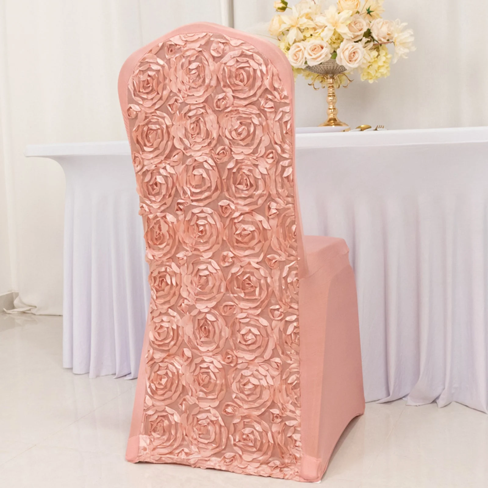 Satin Rosette Spandex Stretch Banquet Chair Cover Dusty Rose - Fitted Slip-On Slipcover - Image 5