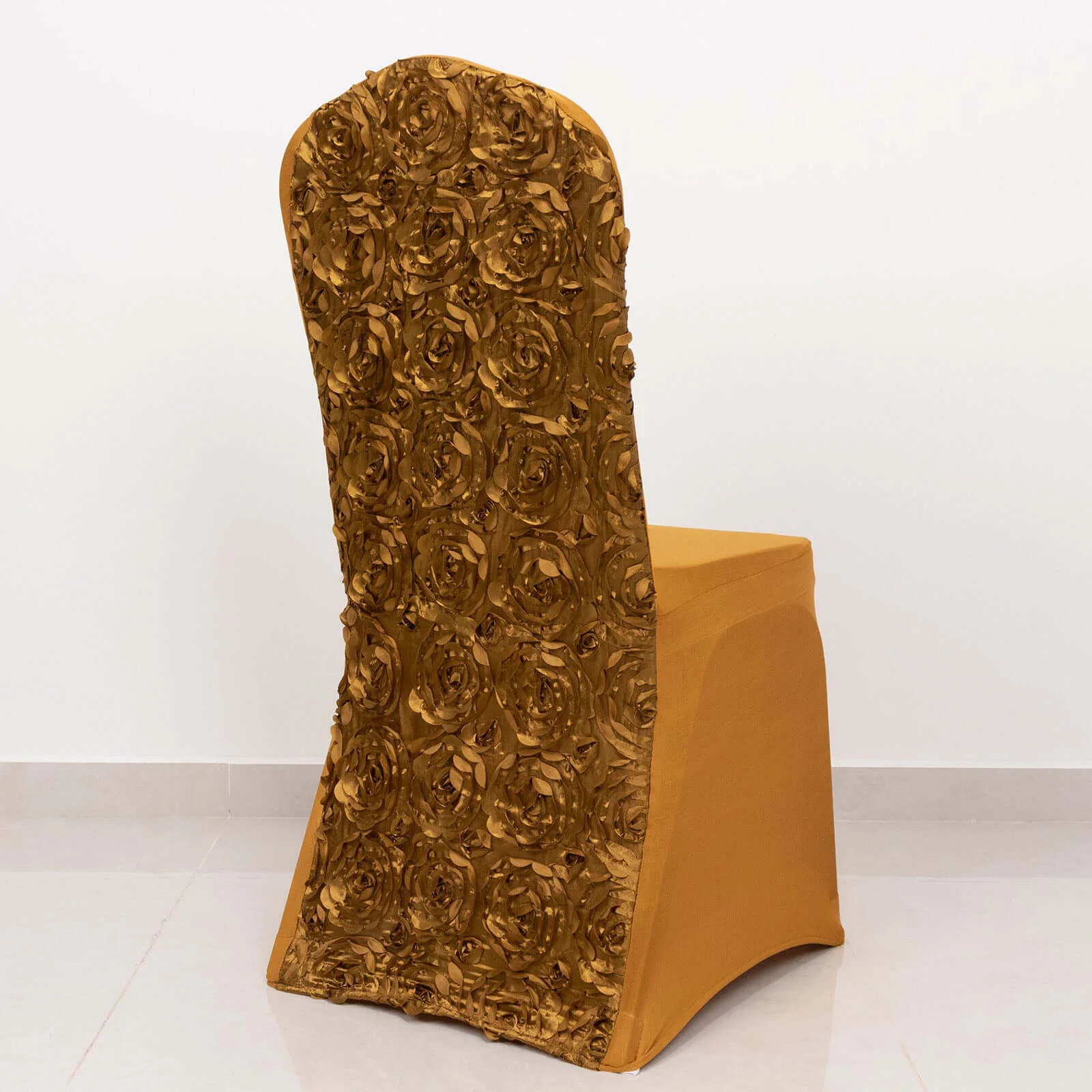 Satin Rosette Spandex Stretch Banquet Chair Cover Gold - Fitted Slip-On Slipcover for Weddings & Events - Image 2