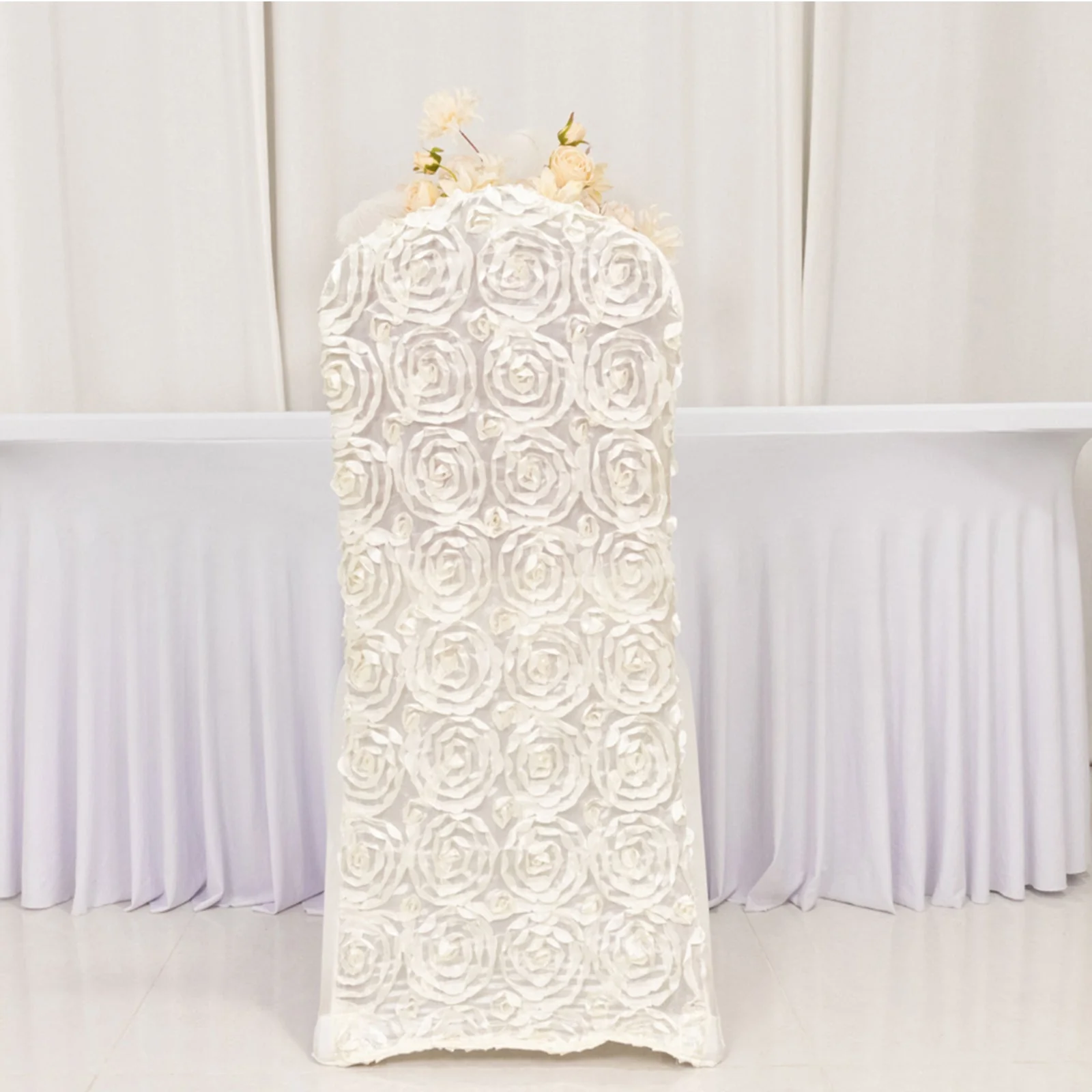 Satin Rosette Spandex Stretch Banquet Chair Cover Ivory - Fitted Slip-On Slipcover - Image 2