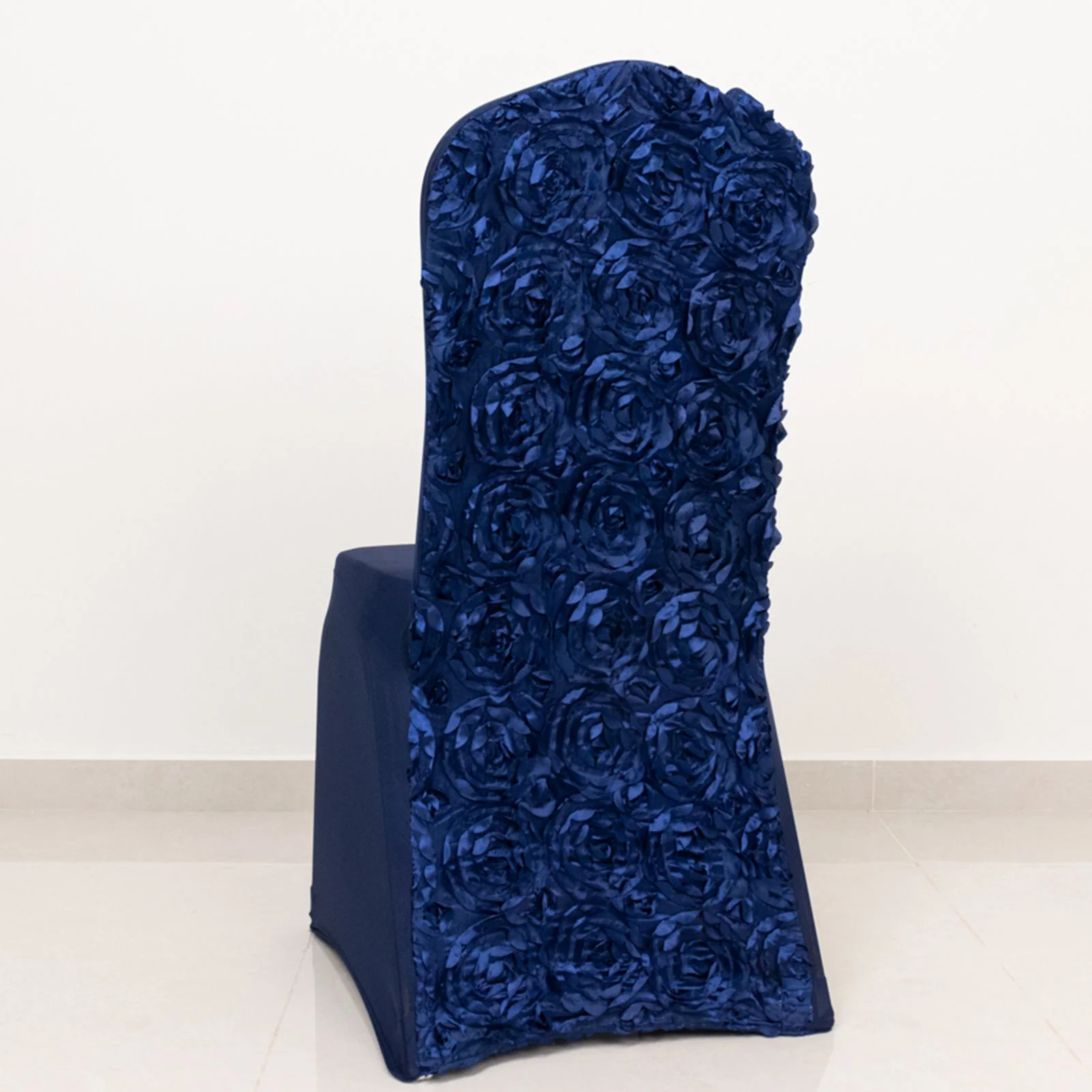 Satin Rosette Spandex Stretch Banquet Chair Cover Navy Blue - Fitted Slip-On Slipcover - Image 6