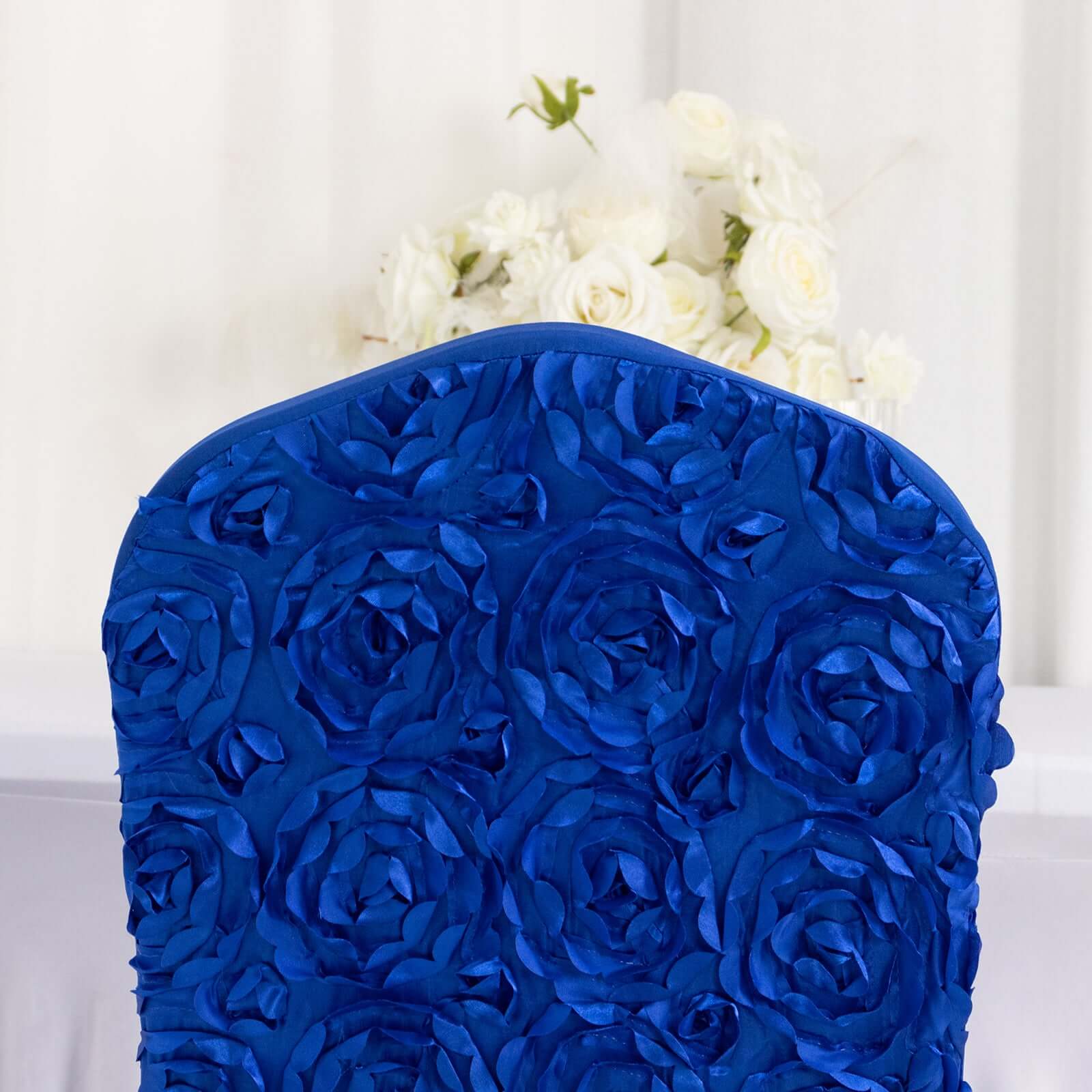 Satin Rosette Spandex Stretch Banquet Chair Cover Royal Blue - Fitted Slip-On Slipcover - Image 3