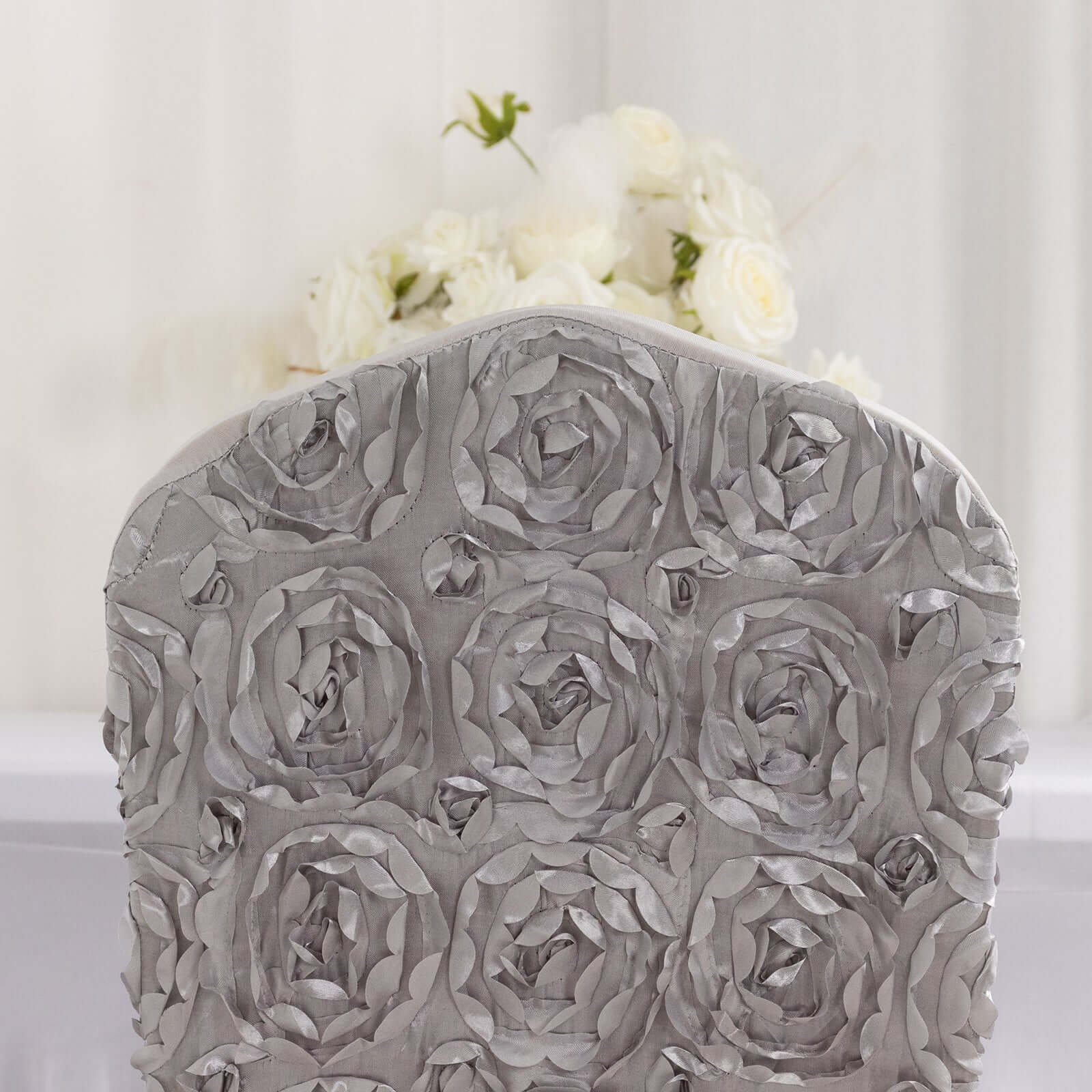 Satin Rosette Spandex Stretch Banquet Chair Cover Silver - Fitted Slip-On Slipcover - Image 3
