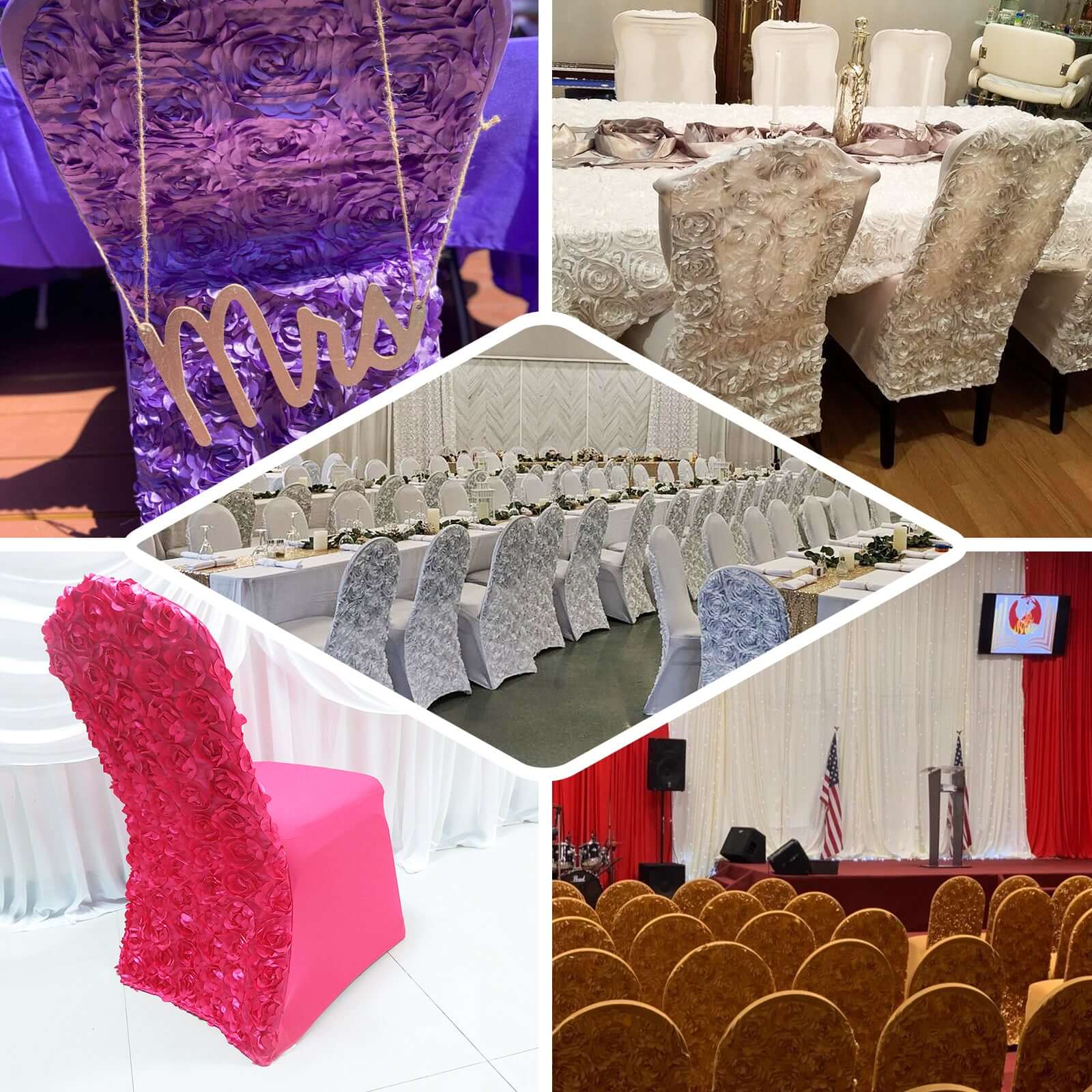 Satin Rosette Spandex Stretch Banquet Chair Cover Silver - Fitted Slip-On Slipcover - Image 5