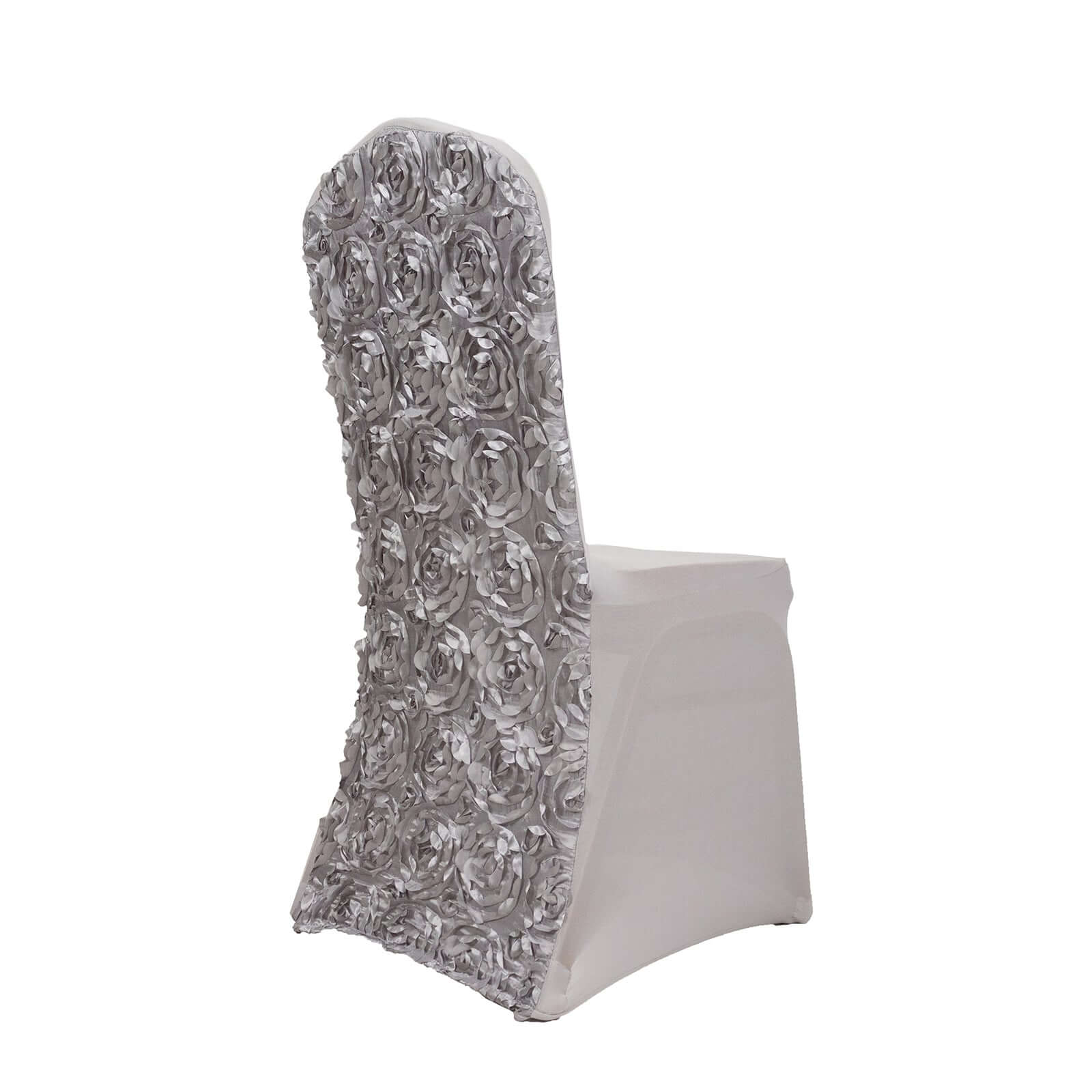 Satin Rosette Spandex Stretch Banquet Chair Cover Silver - Fitted Slip-On Slipcover - Image 6