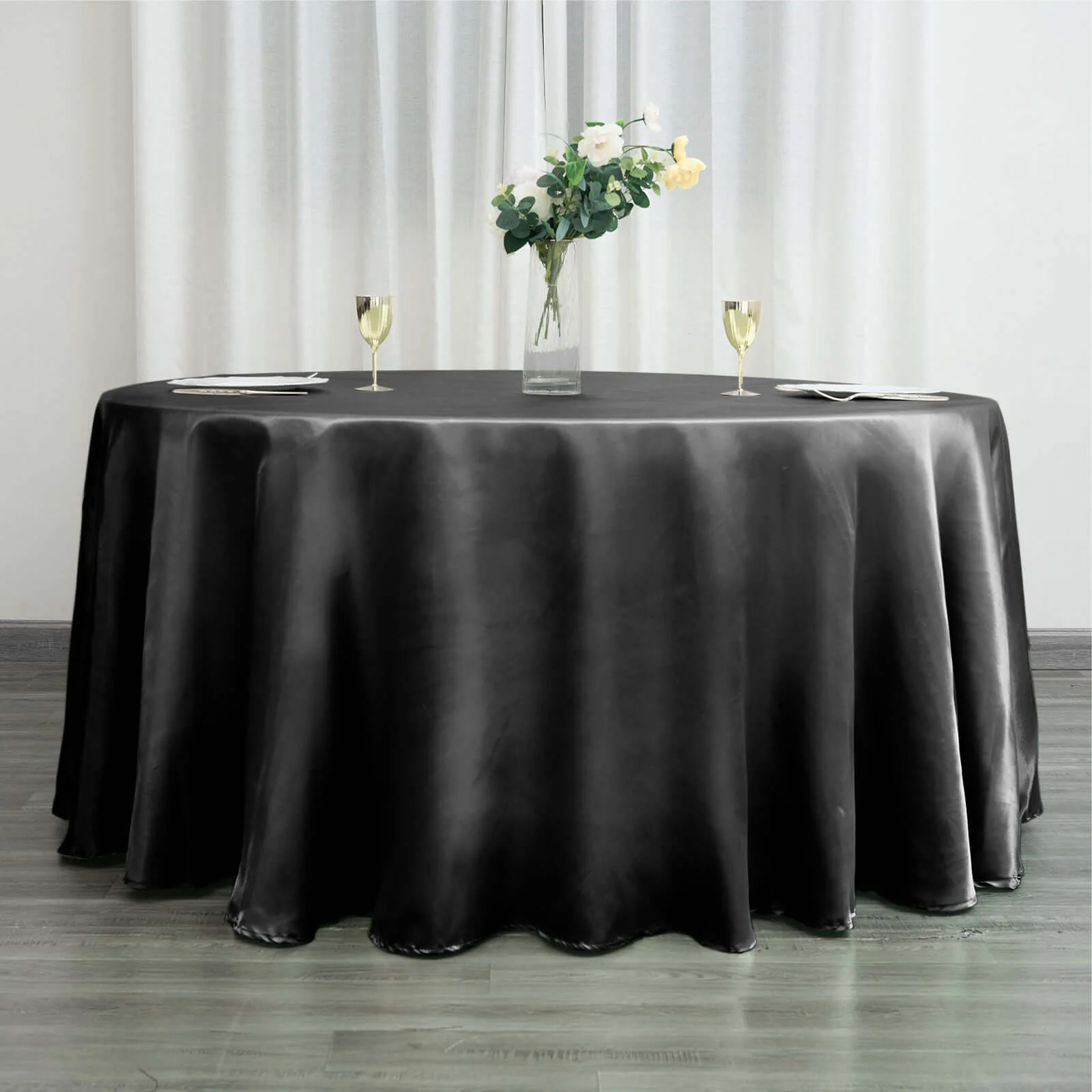 Satin Round Tablecloth 120" Black - Classy Seamless Table Cover for Weddings & Events - Image 3