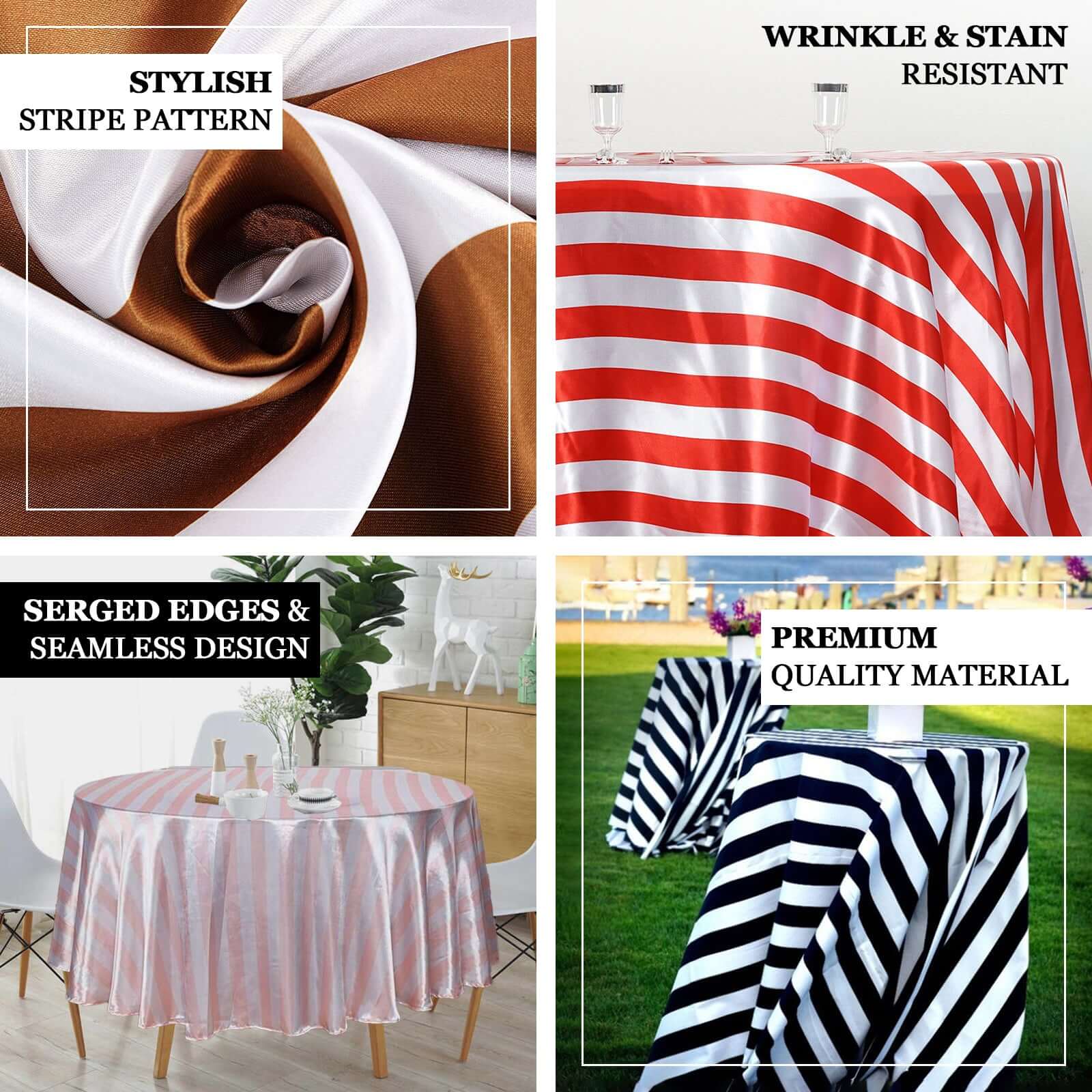 Satin Round Tablecloth 120" Black/White Striped Design - Durable & Seamless Table Cover - Image 3