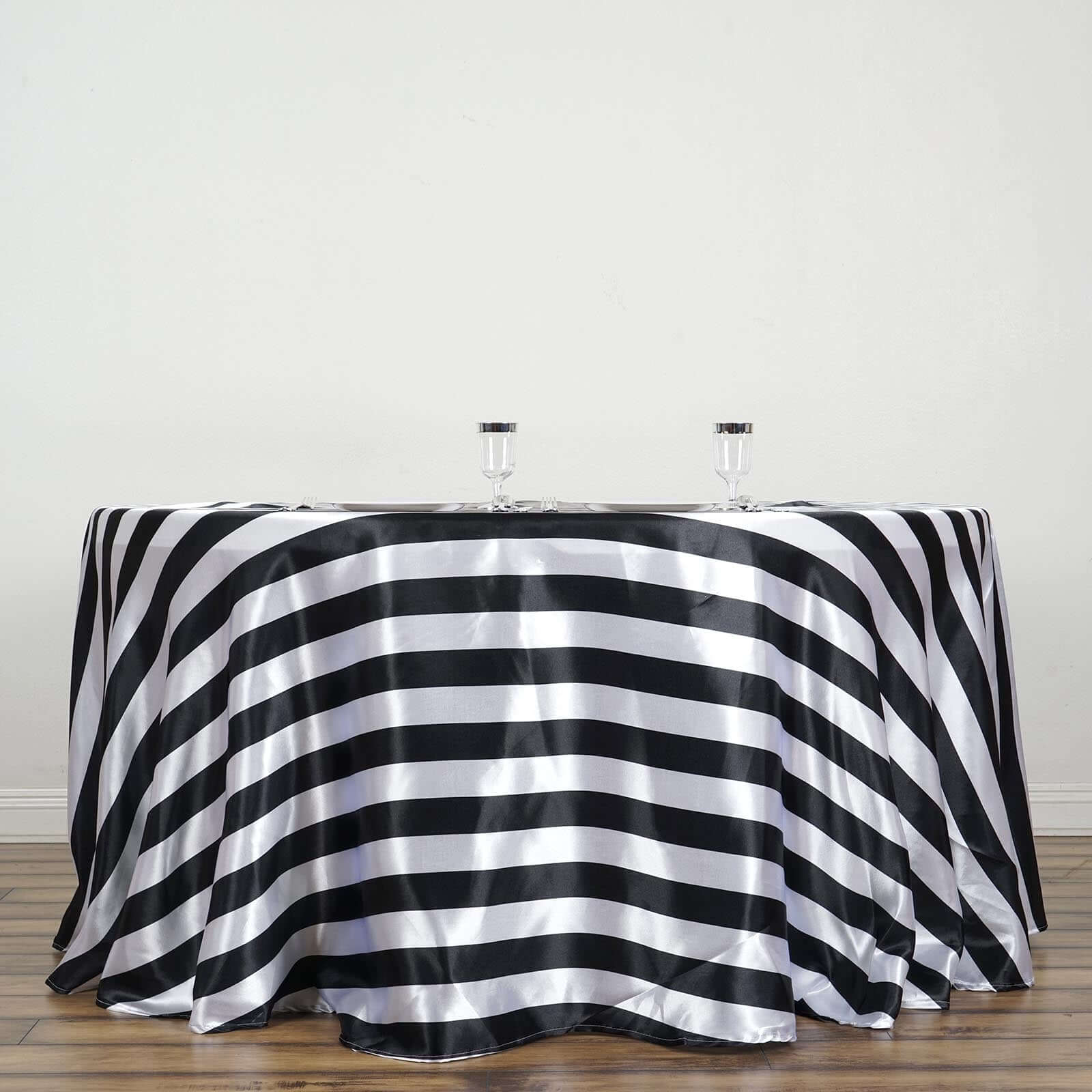 Satin Round Tablecloth 120" Black/White Striped Design - Durable & Seamless Table Cover - Image 5