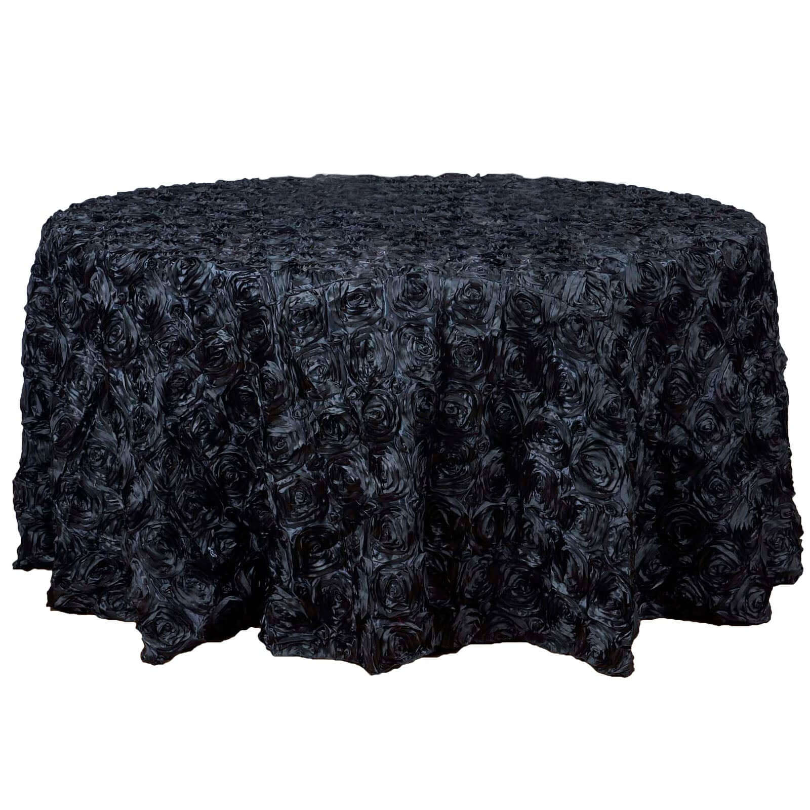 Satin Round Tablecloth 120" Black with Grandiose 3D Rosette Design - Seamless Finish for Refined Weddings - Image 6