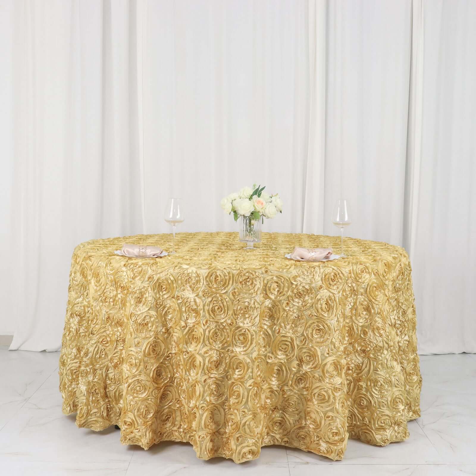 Satin Round Tablecloth 120" Champagne - Grandiose 3D Rosette Table Cover - Image 5