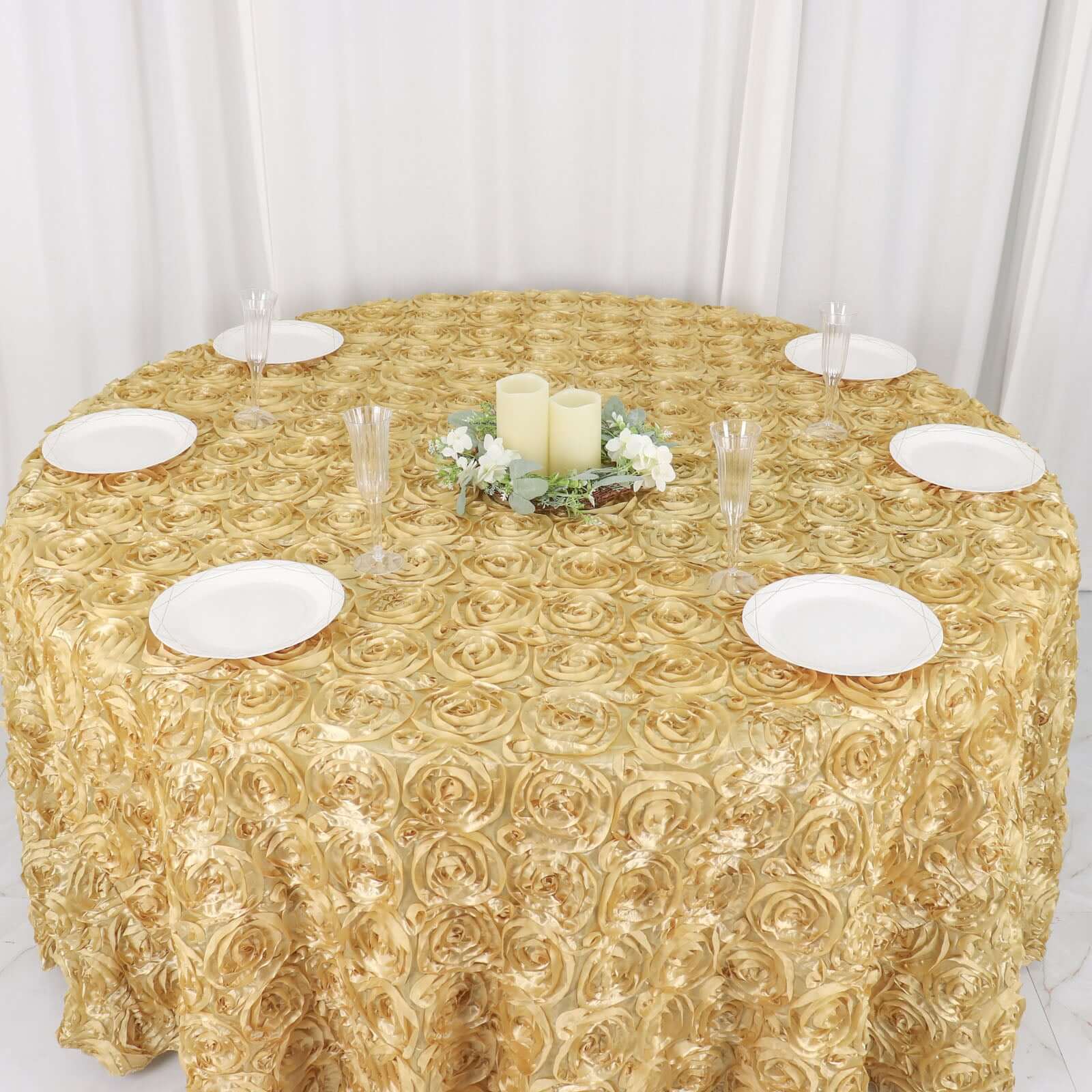 Satin Round Tablecloth 120" Champagne - Grandiose 3D Rosette Table Cover - Image 7