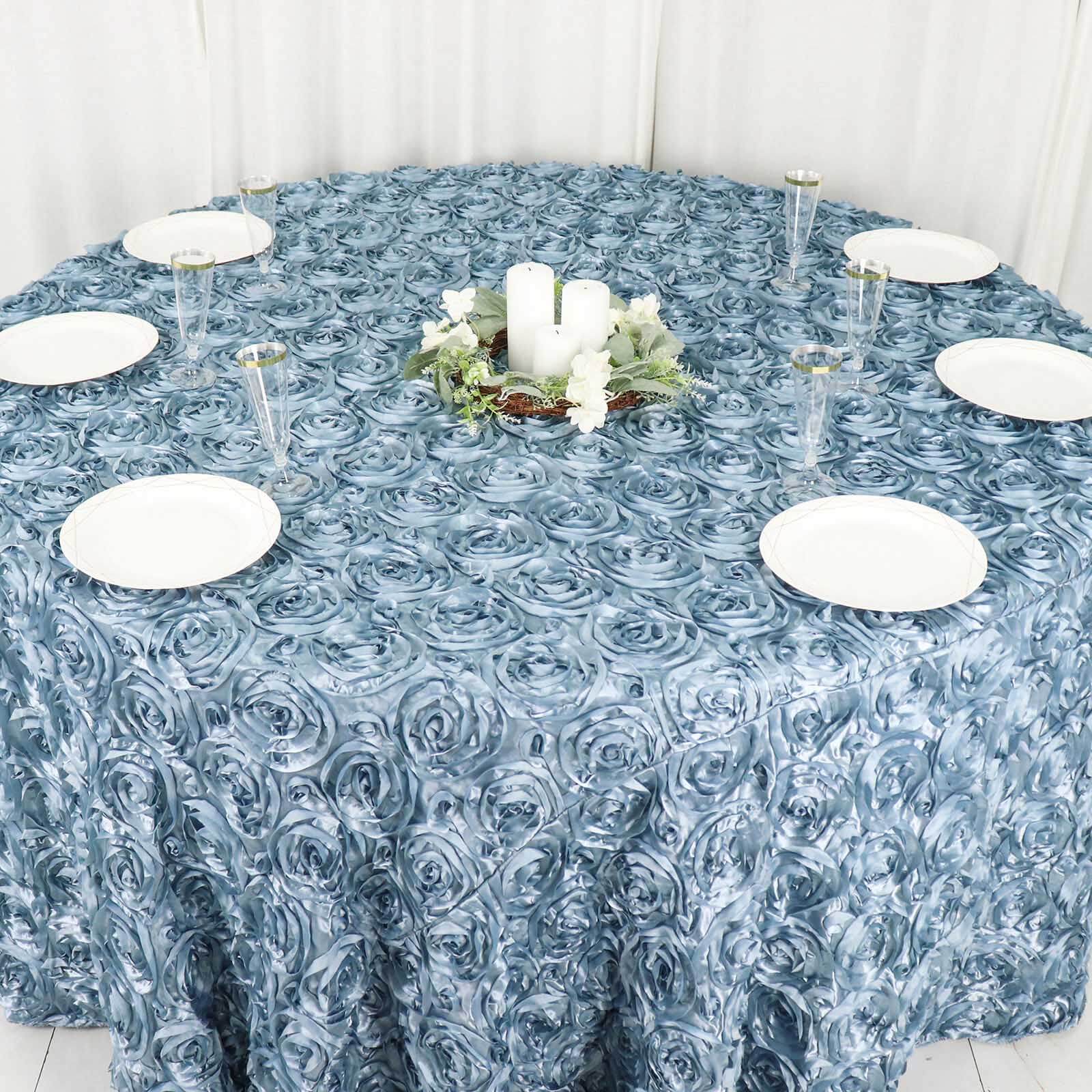 Satin Round Tablecloth 120" Dusty Blue - Grandiose 3D Rosette Table Cover - Image 2