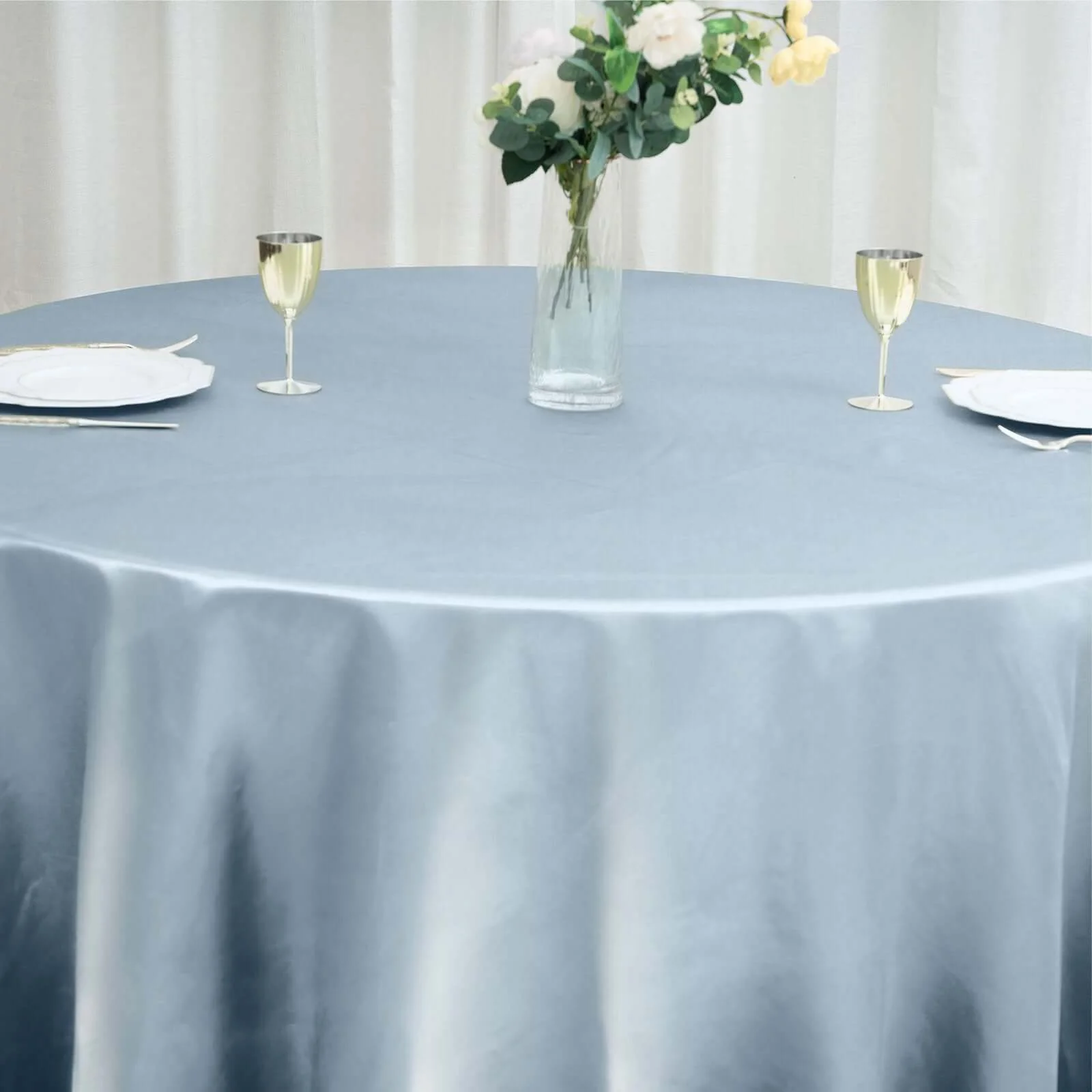 Satin Round Tablecloth 120" Dusty Blue - Seamless Table Cover - Image 7
