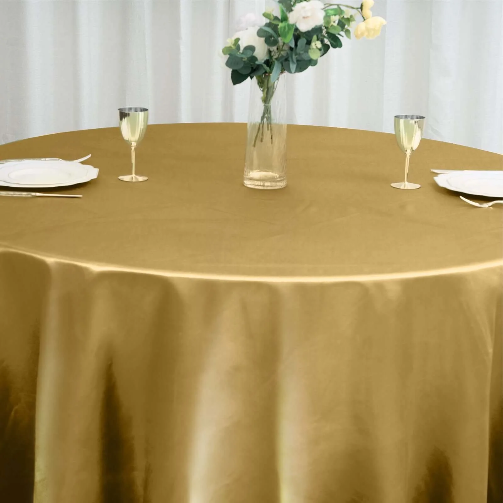 Satin Round Tablecloth 120" Gold - Classy Seamless Table Cover for Weddings & Events - Image 7