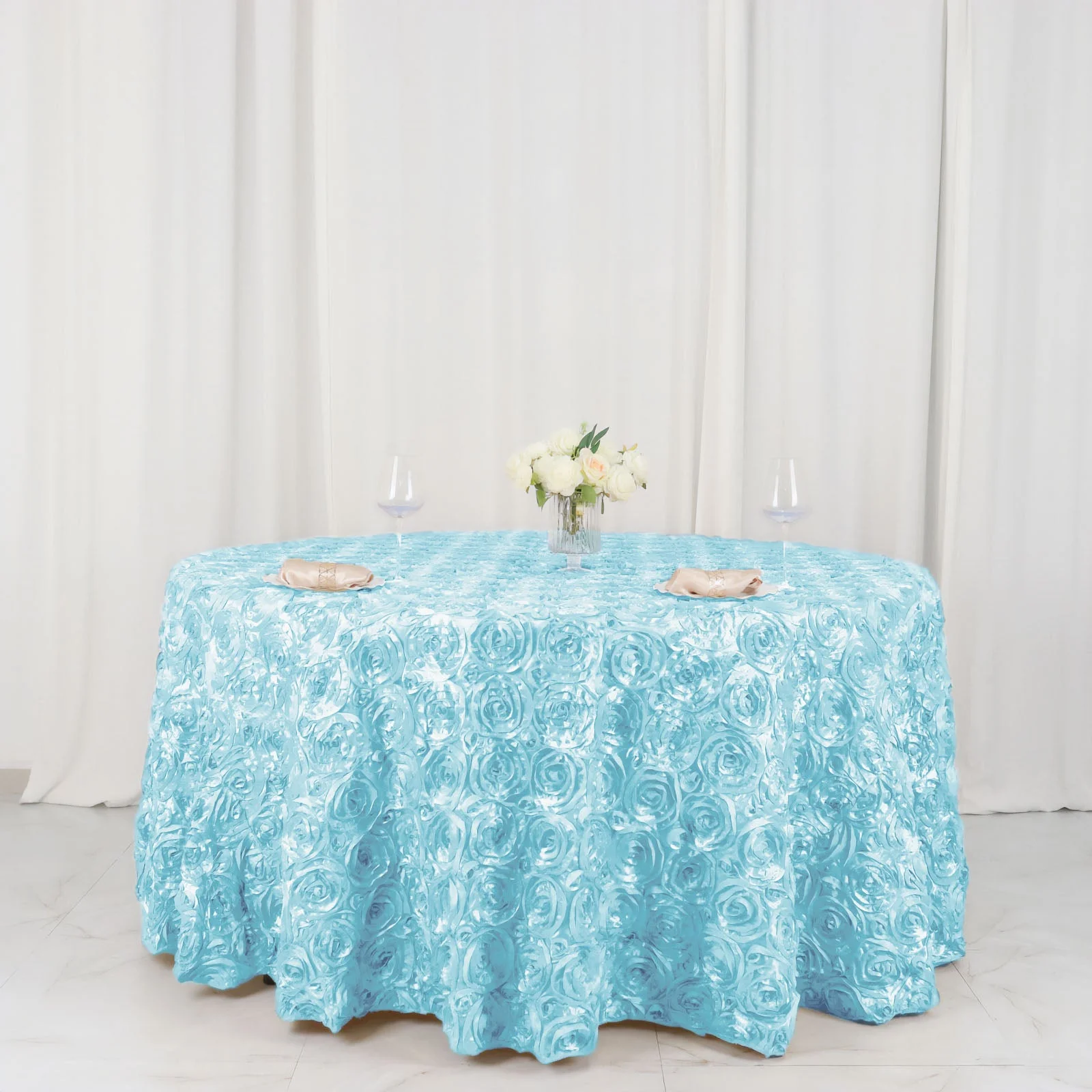 Satin Round Tablecloth 120" Light Blue - Grandiose 3D Rosette Table Cover - Image 5