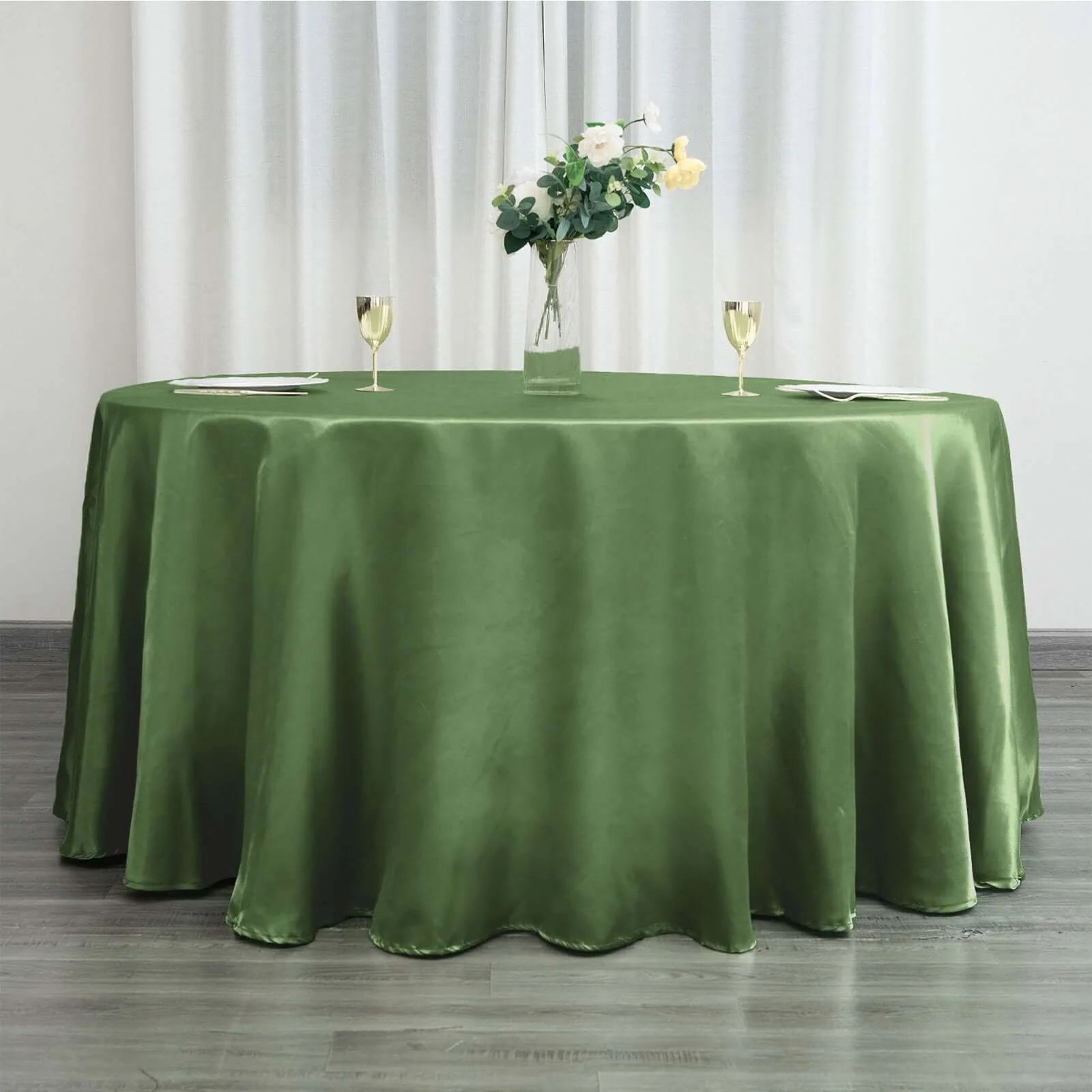 Satin Round Tablecloth 120" Olive Green - Seamless Table Cover - Image 3