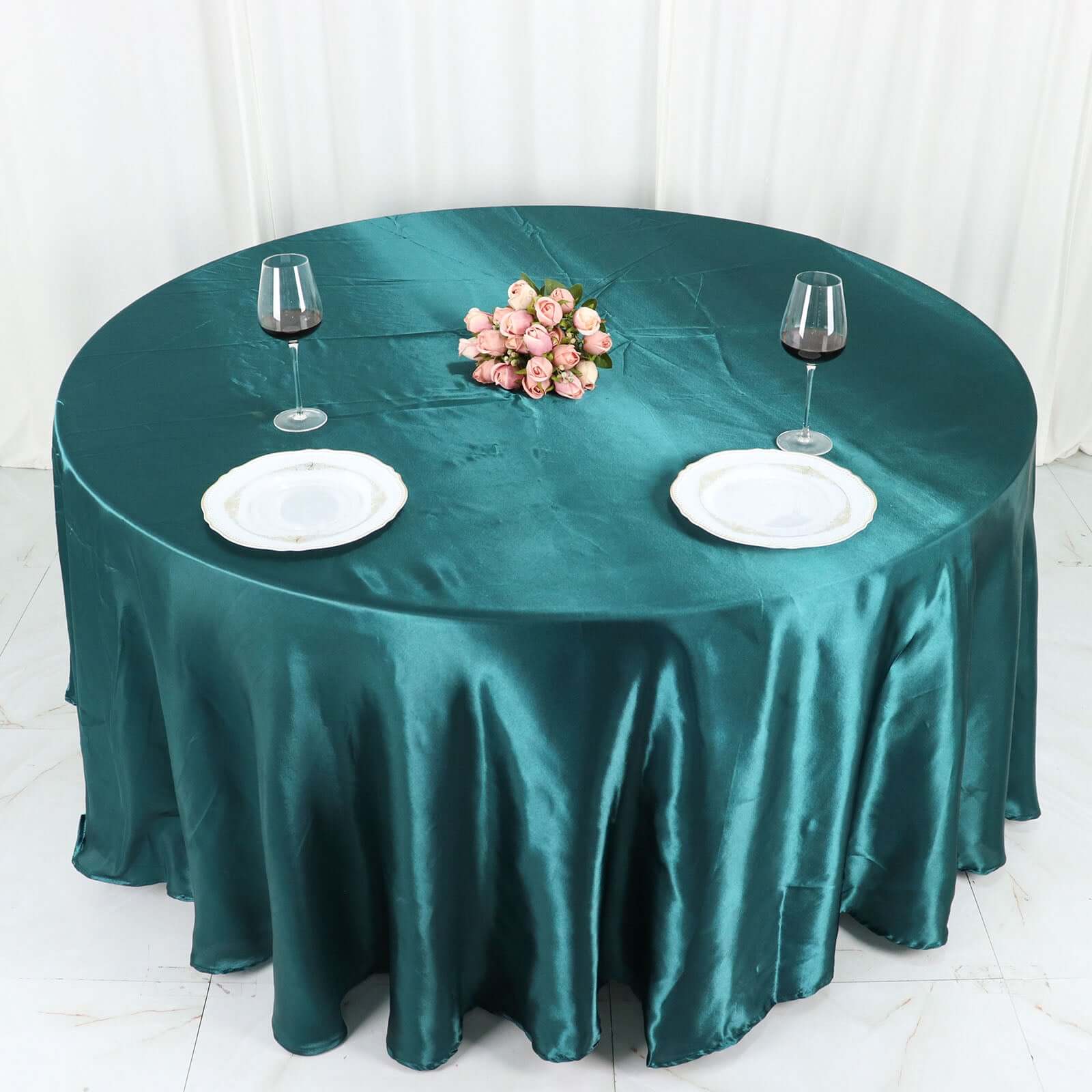 Satin Round Tablecloth 120" Peacock Teal - Seamless Table Cover - Image 2