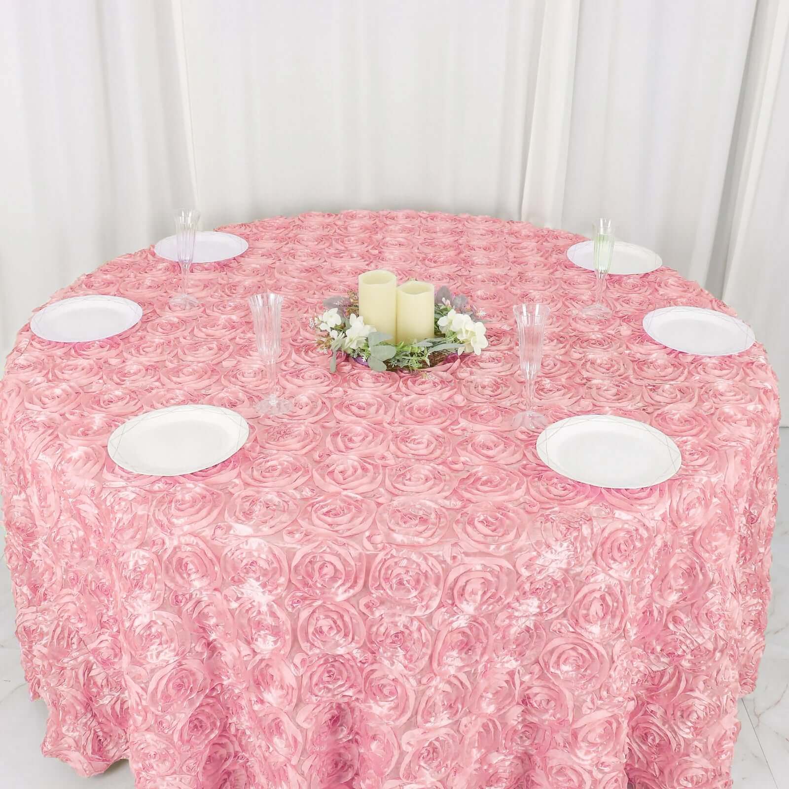 Satin Round Tablecloth 120" Pink - Grandiose 3D Rosette Table Cover - Image 7