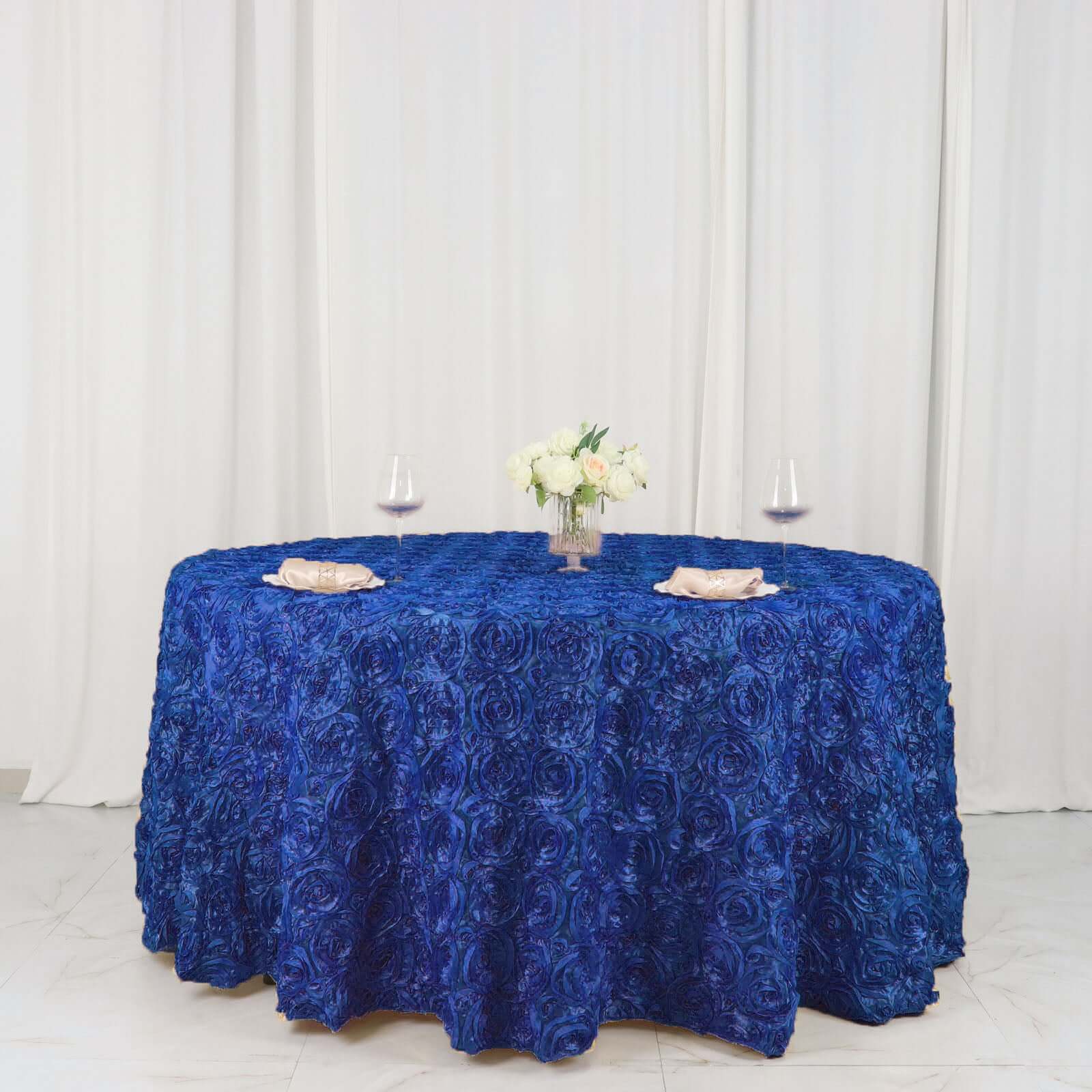Satin Round Tablecloth 120" Royal Blue - Grandiose 3D Rosette Table Cover - Image 5