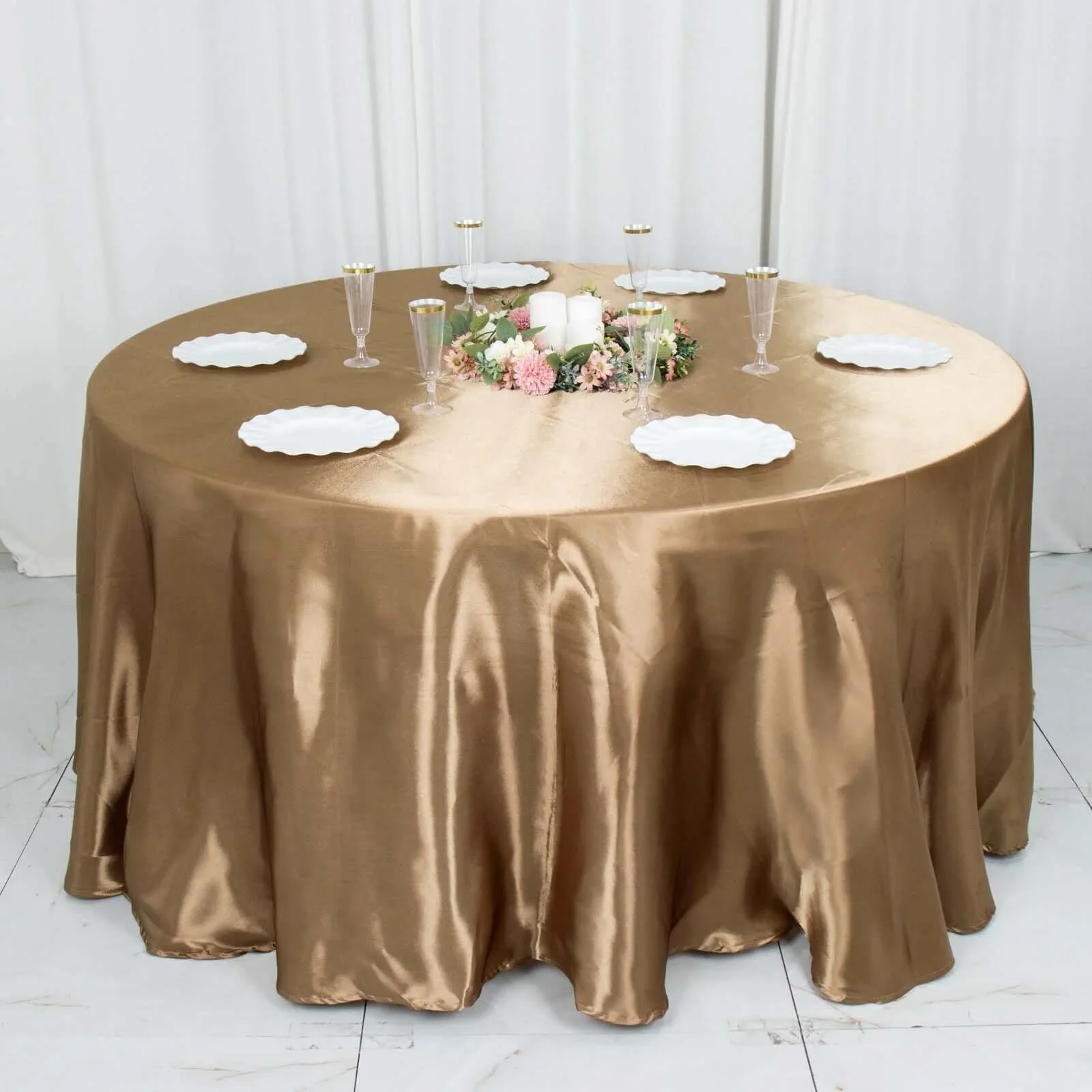 Satin Round Tablecloth 120" Taupe - Seamless Table Cover - Image 3