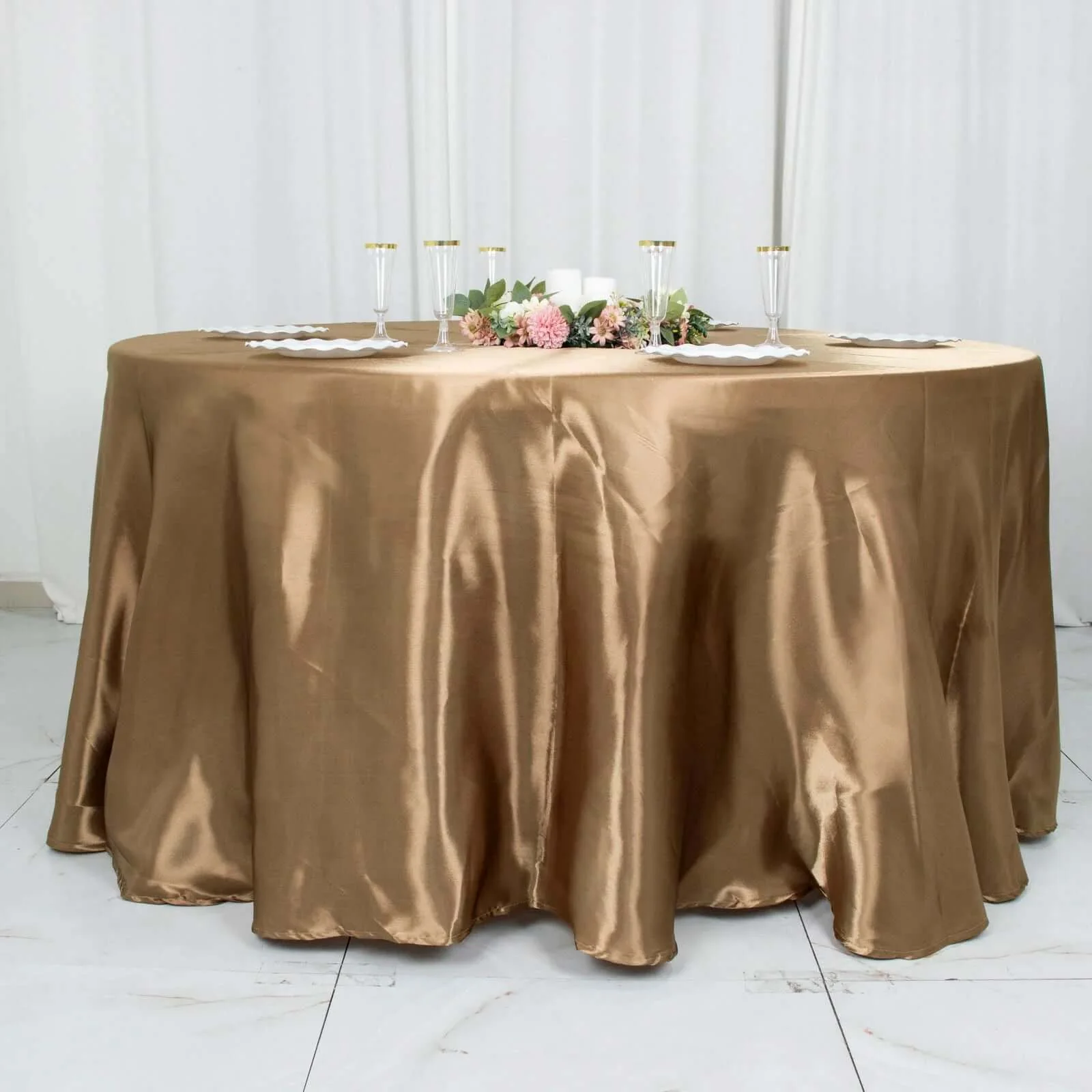 Satin Round Tablecloth 120" Taupe - Seamless Table Cover - Image 7