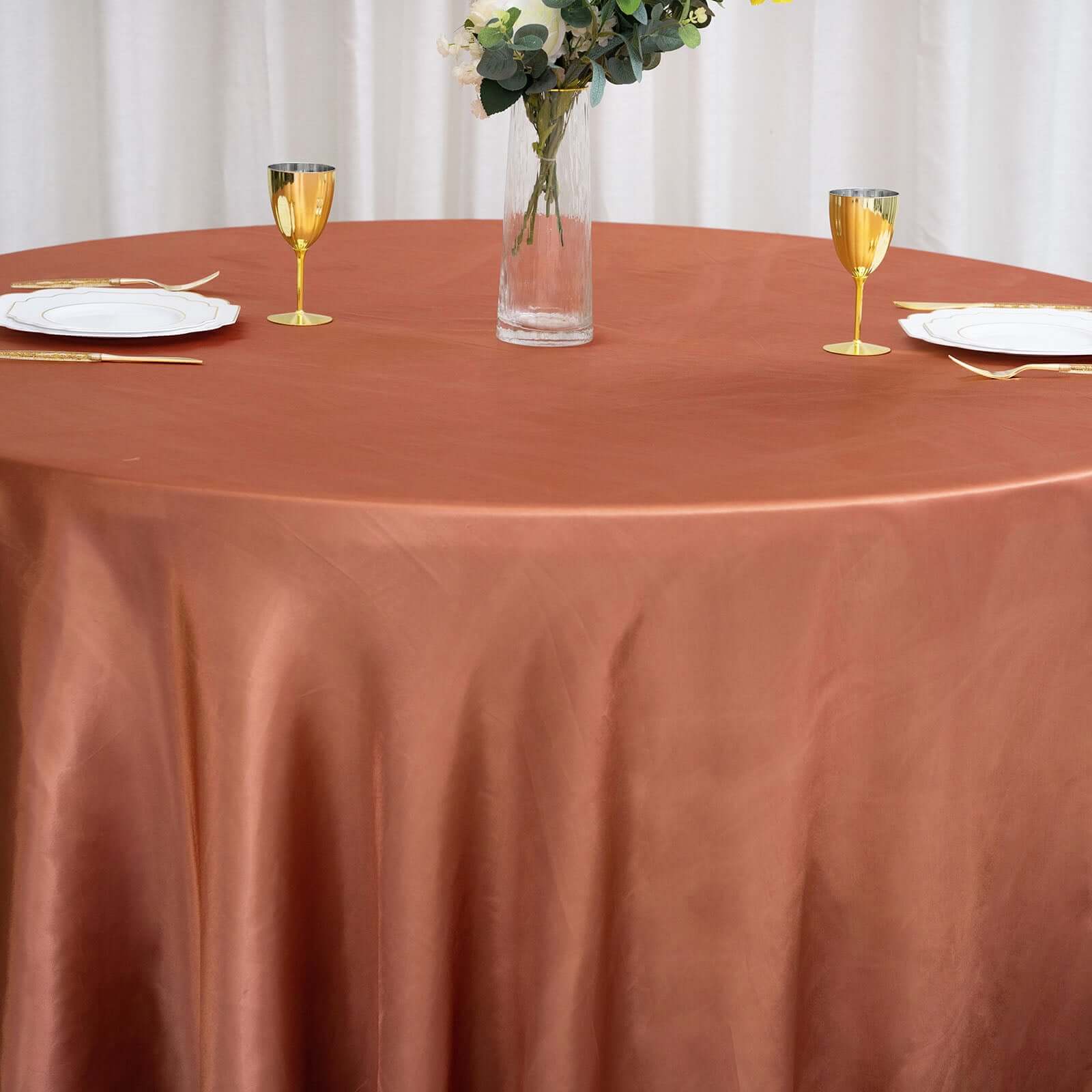Satin Round Tablecloth 120" Terracotta (Rust) - Seamless Table Cover - Image 7