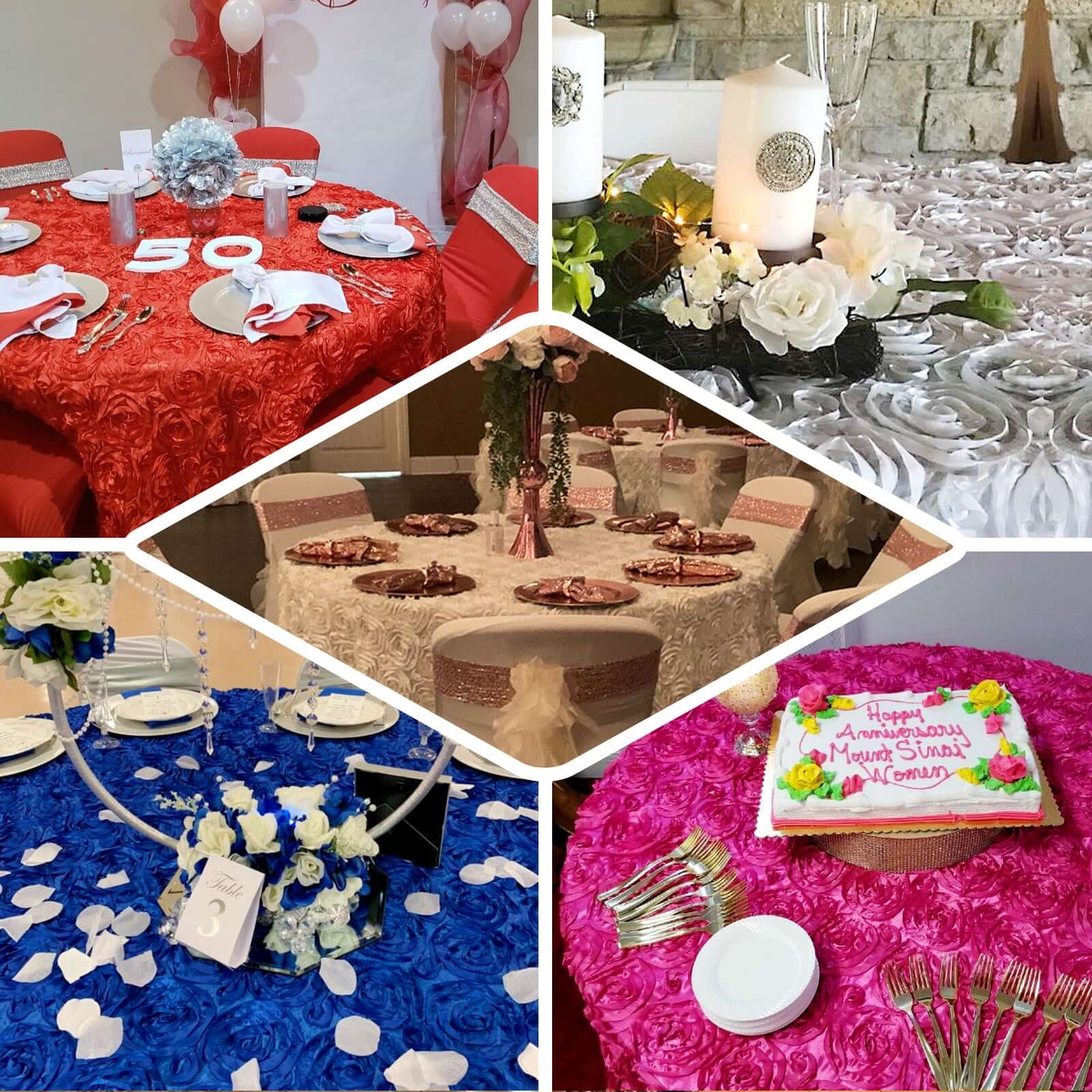 Satin Round Tablecloth 120" White with Grandiose 3D Rosette Design - Seamless Finish for Refined Weddings - Image 5