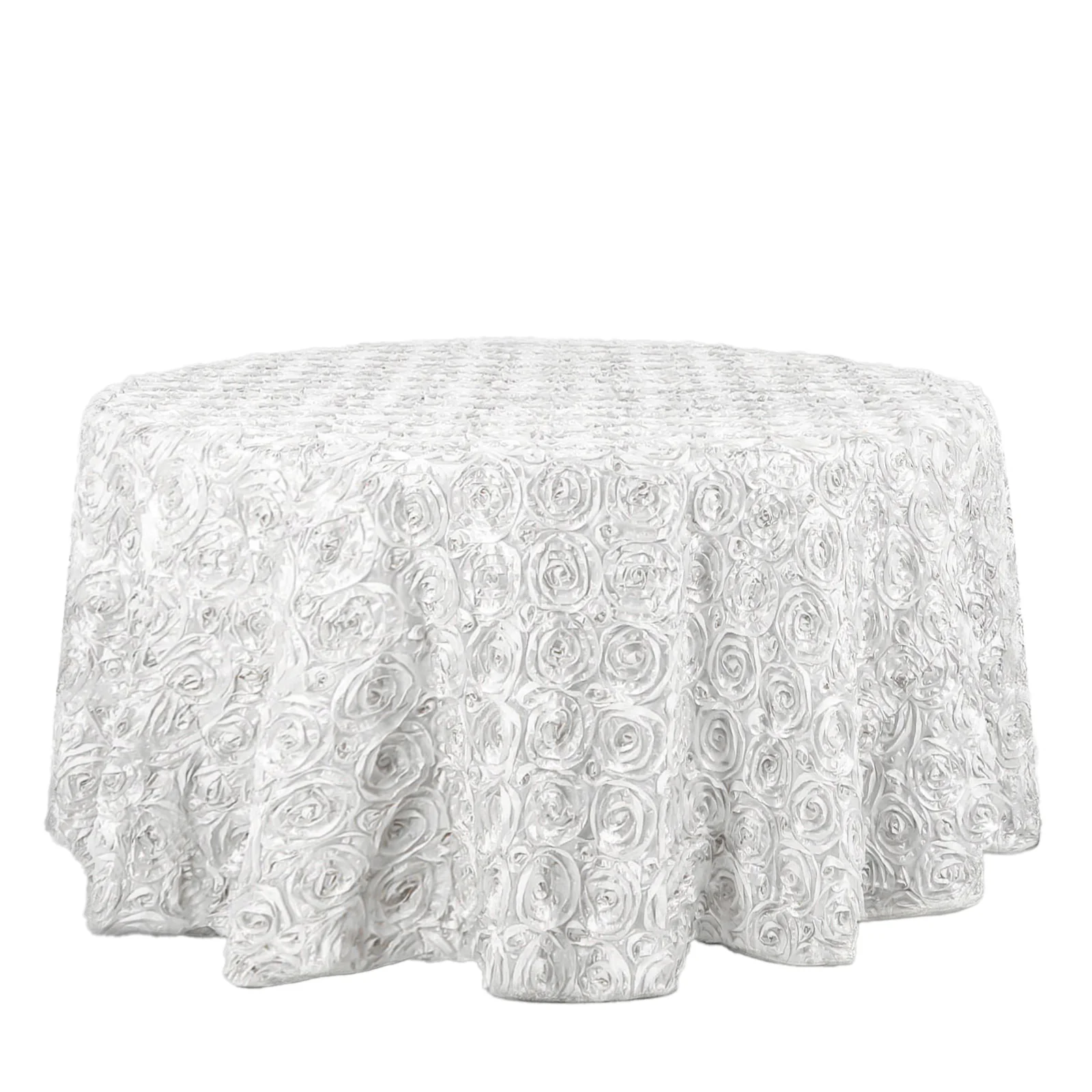 Satin Round Tablecloth 120" White with Grandiose 3D Rosette Design - Seamless Finish for Refined Weddings - Image 6
