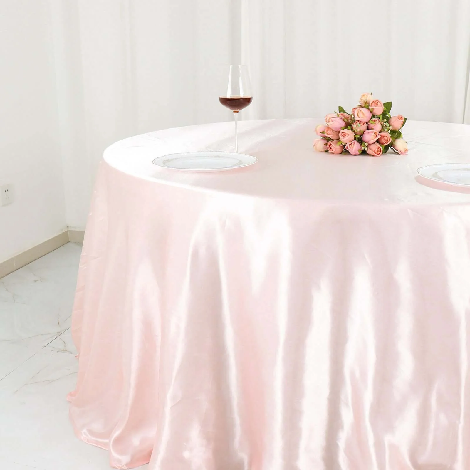 Satin Round Tablecloth 132" Blush - Seamless Table Cover - Image 2