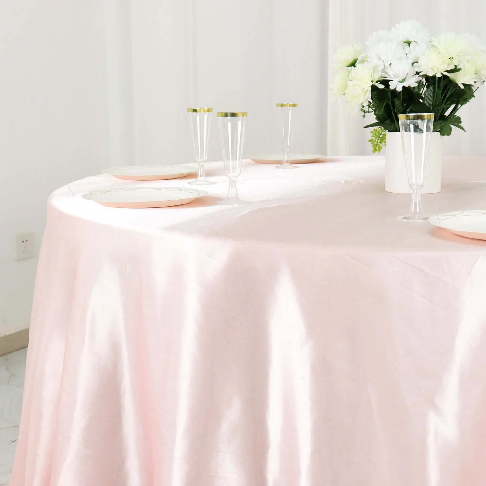 Satin Round Tablecloth 132" Blush - Seamless Table Cover - Image 6