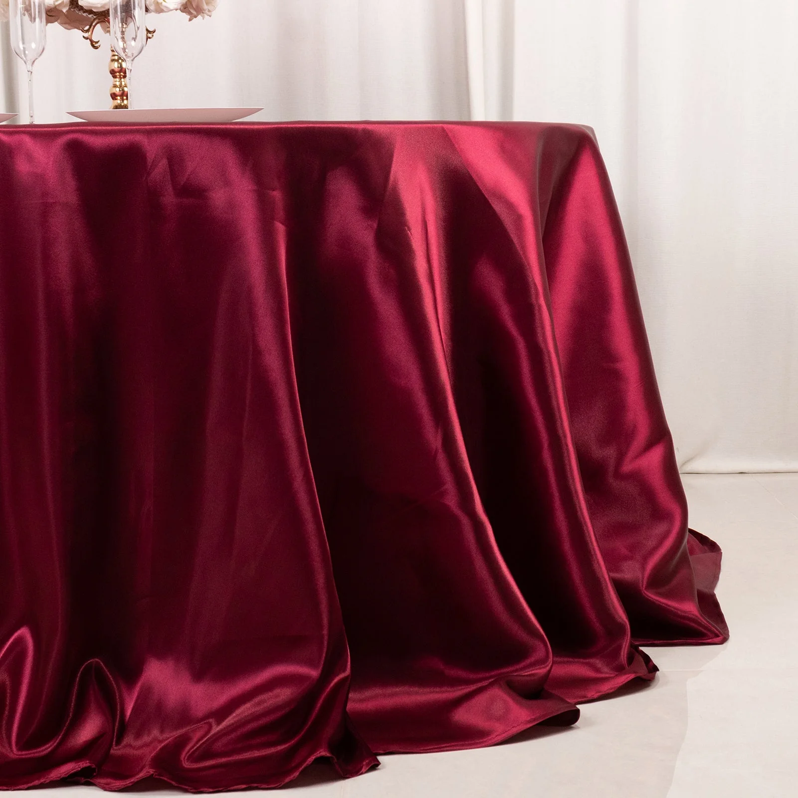 Satin Round Tablecloth 132" Burgundy - Seamless Table Cover - Image 2