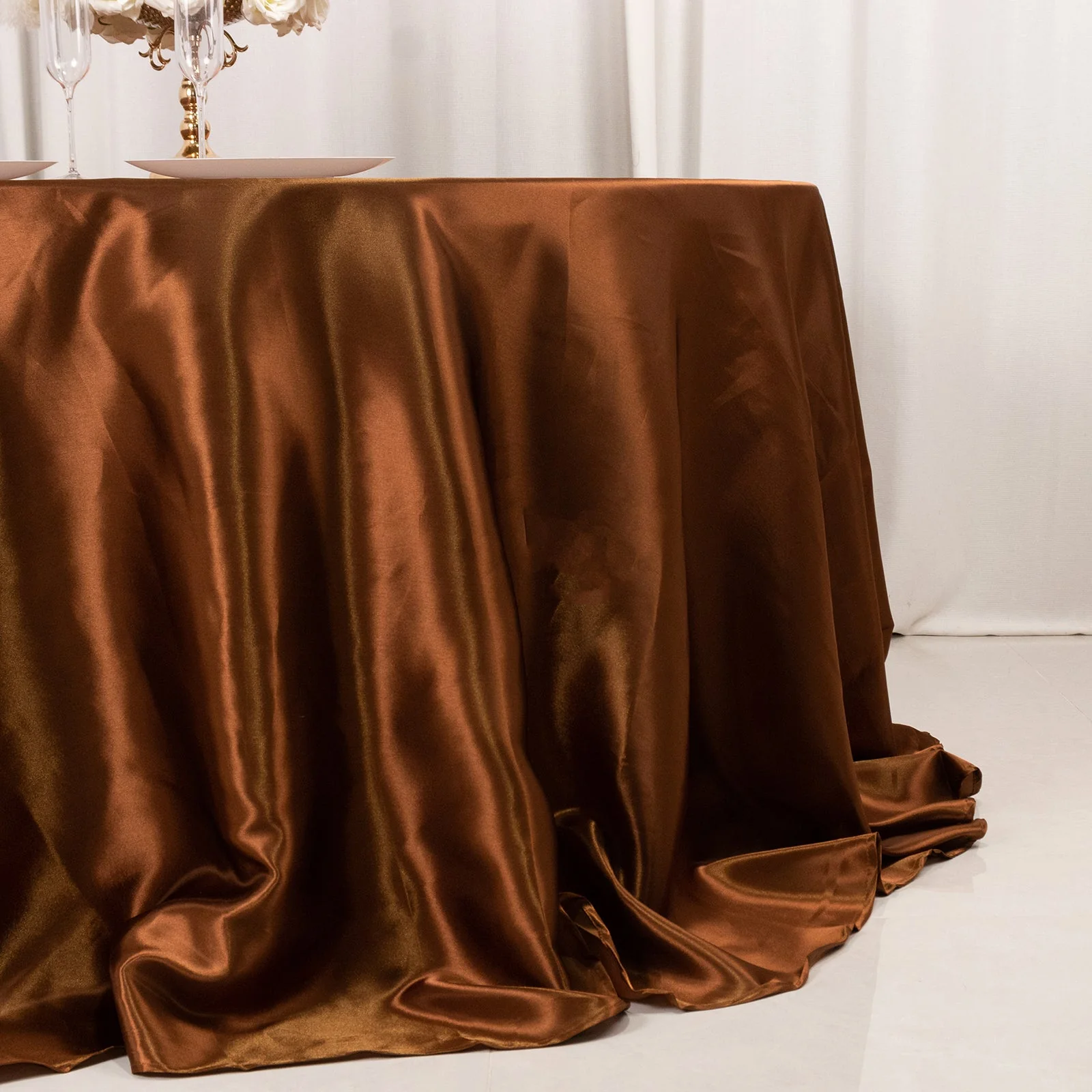 Satin Round Tablecloth 132" Cinnamon Brown - Seamless Table Cover - Image 2