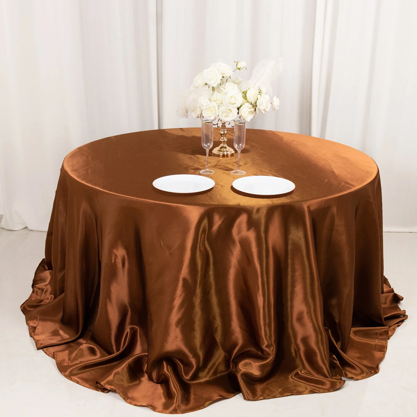 Satin Round Tablecloth 132" Cinnamon Brown - Seamless Table Cover - Image 9