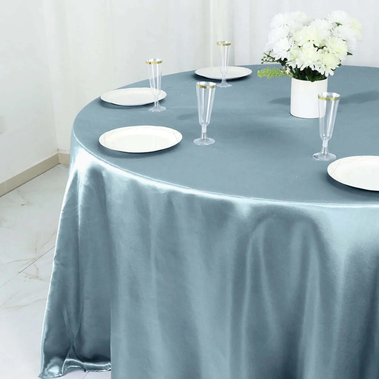 Satin Round Tablecloth 132" Dusty Blue - Seamless Table Cover - Image 2