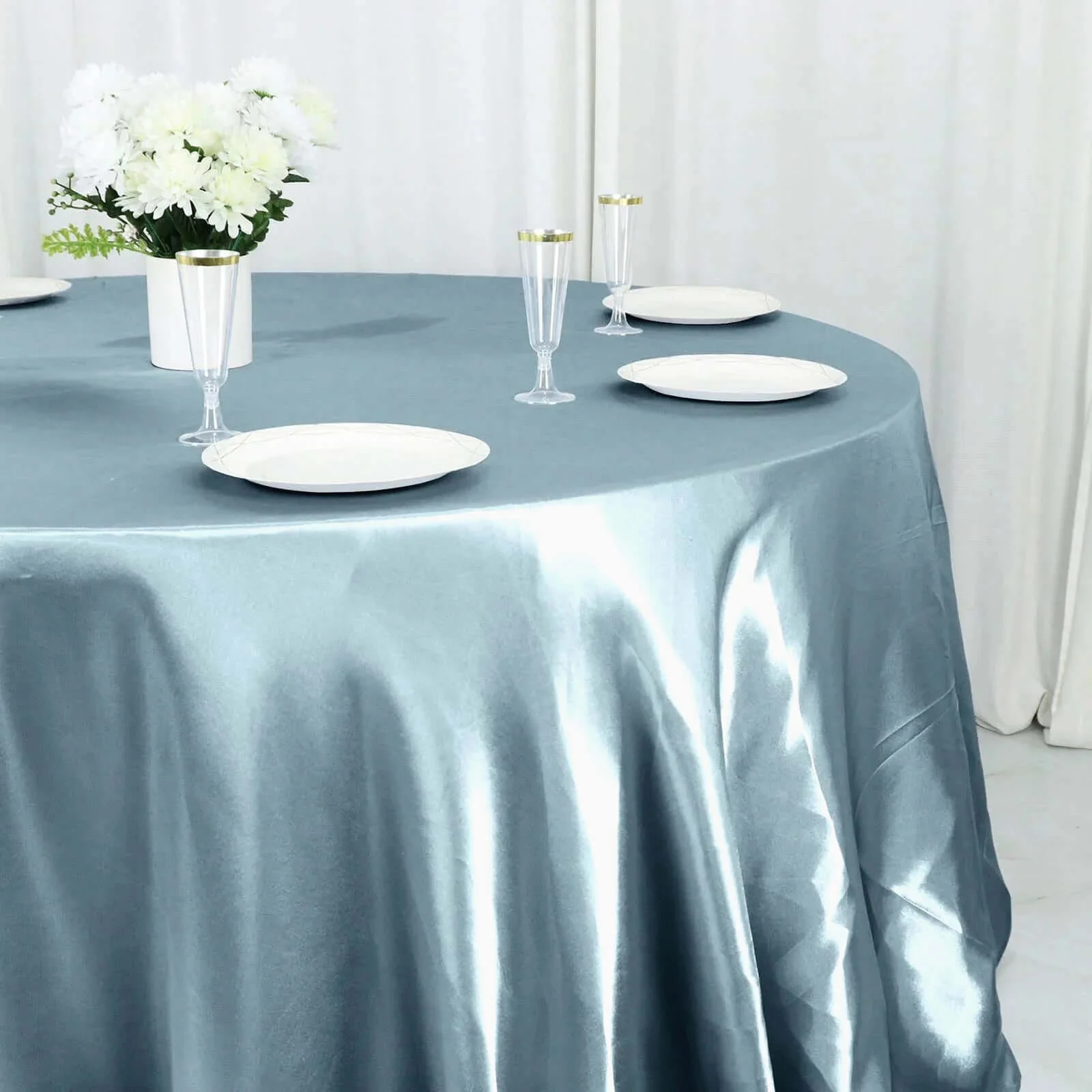 Satin Round Tablecloth 132" Dusty Blue - Seamless Table Cover - Image 5