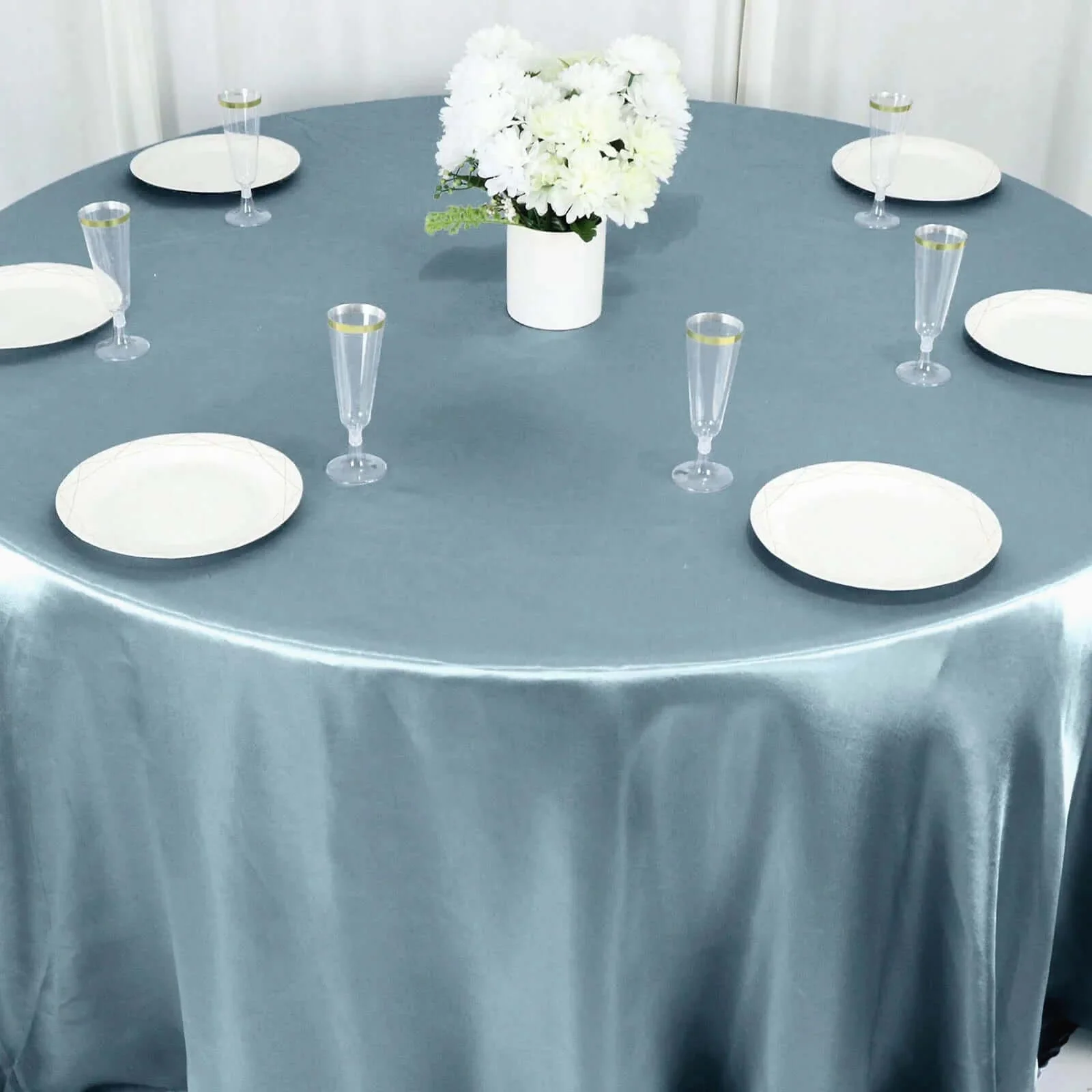 Satin Round Tablecloth 132" Dusty Blue - Seamless Table Cover - Image 7