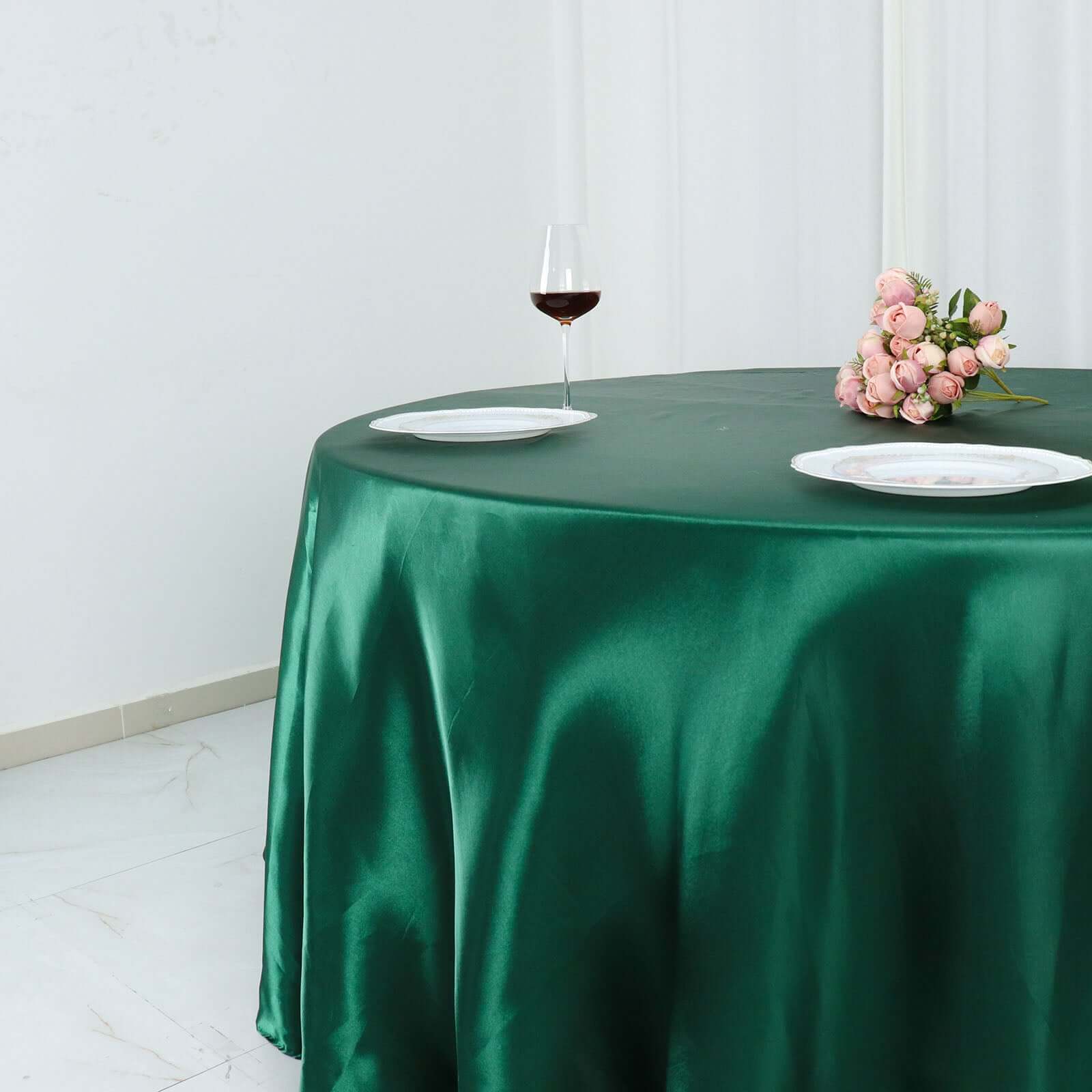 Satin Round Tablecloth 132" Hunter Emerald Green - Seamless Table Cover - Image 2